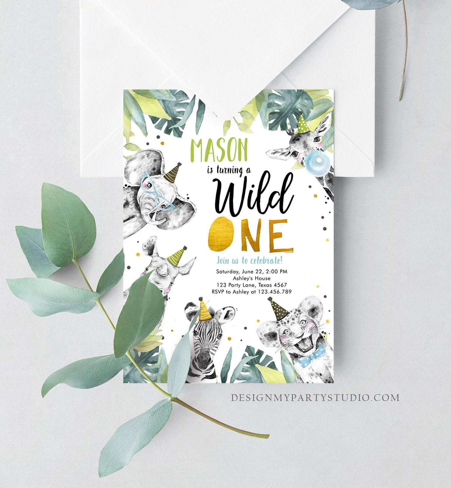 Editable Wild One Birthday Invitation Safari Party Animals Boy Gold First Birthday Born to be Wild Digital Evite Template Printable 0322