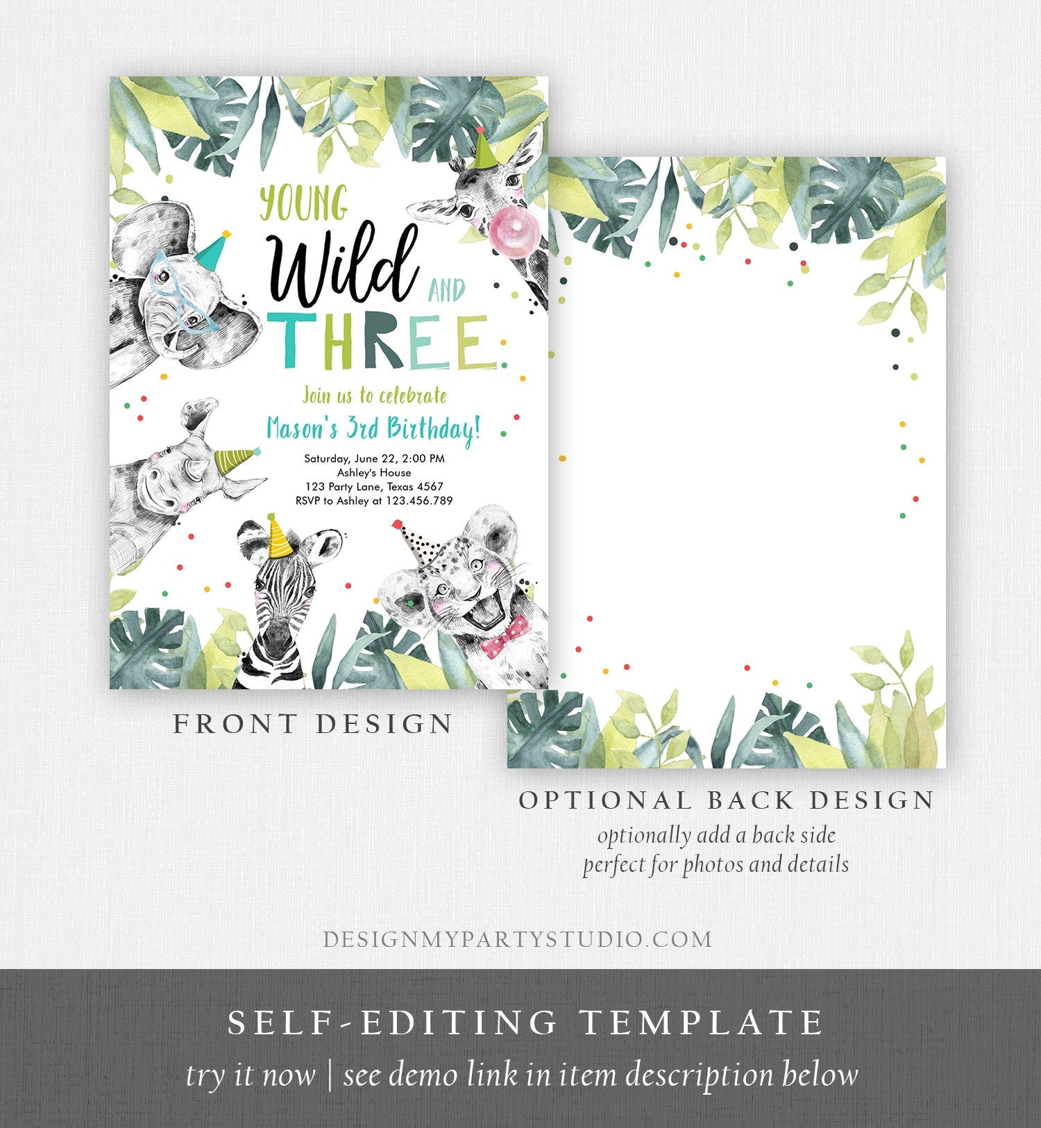 Editable Young Wild and Three Invitation Safari Animals Party Animals Boy Green Third Birthday 3rd Zoo Digital Evite Template Printable 0322