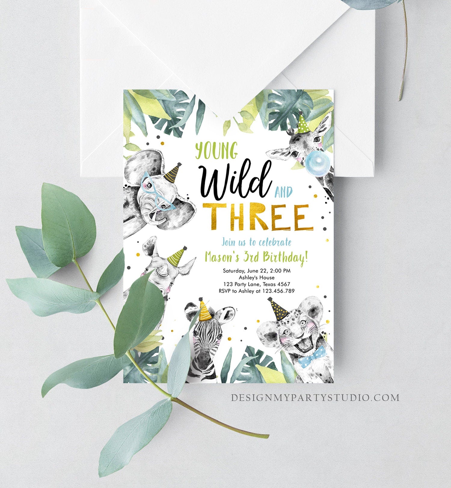 Editable Young Wild and Three Invitation Safari Animals Party Animals Boy Gold Third Birthday 3rd Zoo Digital Corjl Template Printable 0322