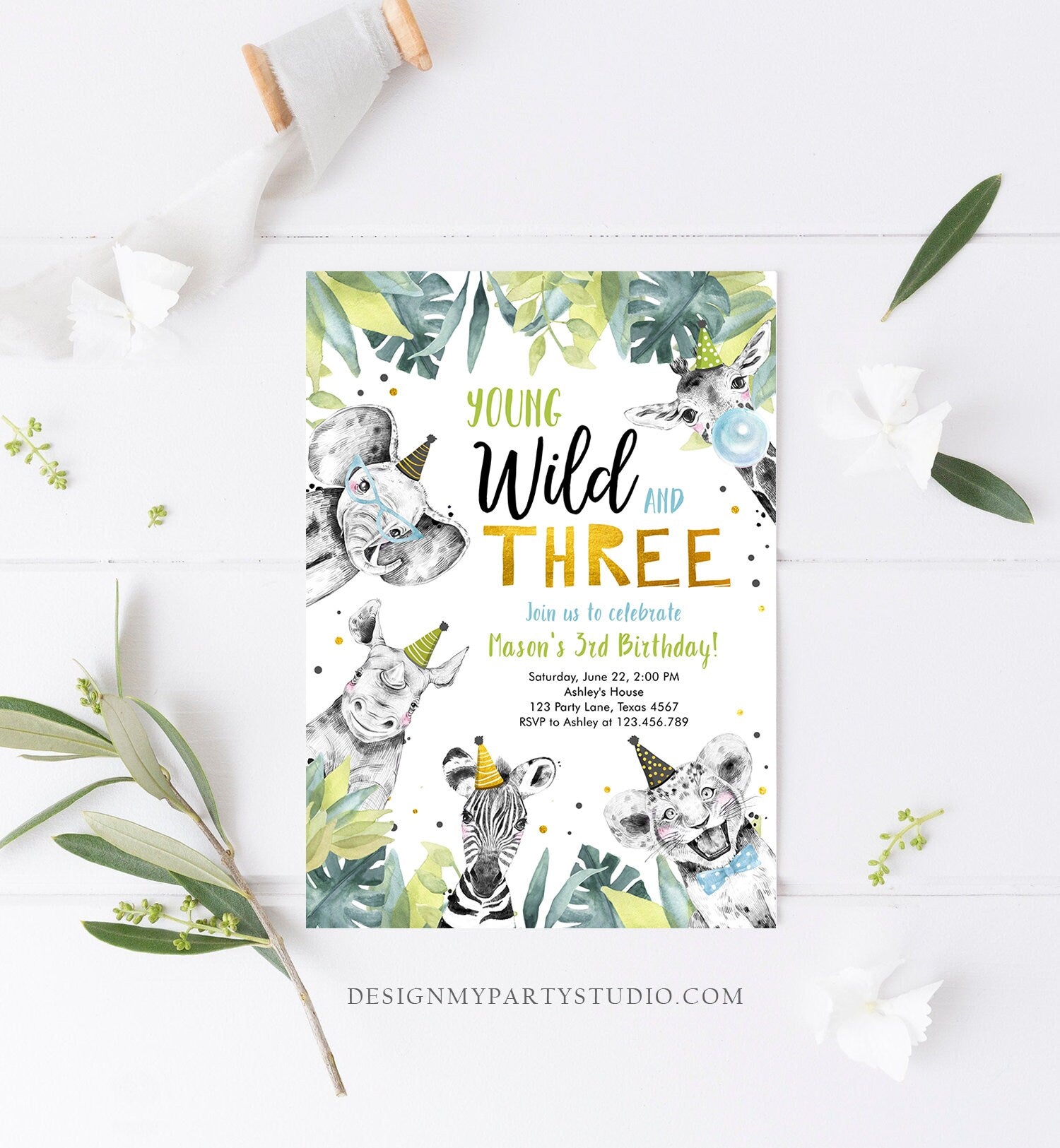 Editable Young Wild and Three Invitation Safari Animals Party Animals Boy Gold Third Birthday 3rd Zoo Digital Corjl Template Printable 0322