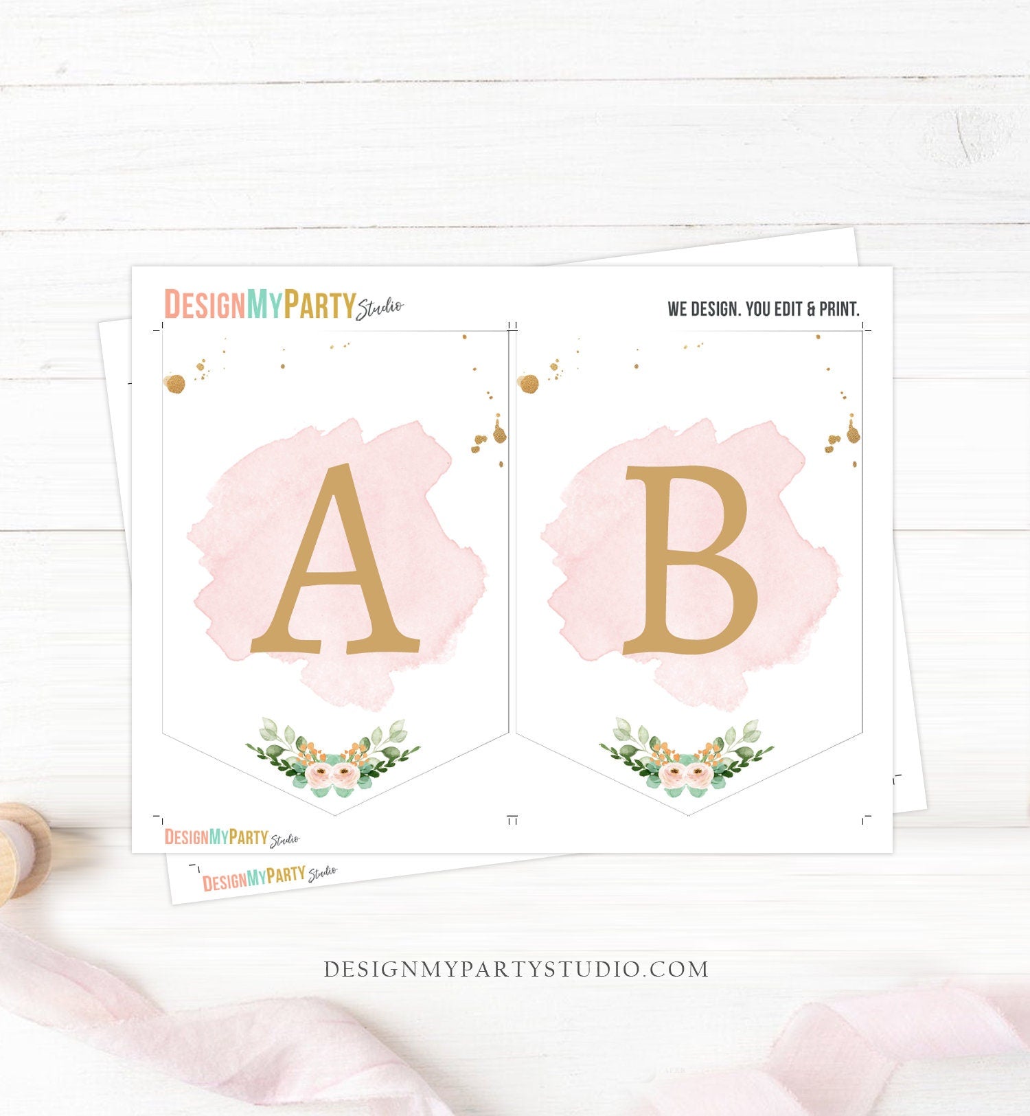 Swan A-Z Birthday Banner Girl Princess Pink Gold Floral Crown Watercolor Pastel Happy Birthday Banner Decor Download Printable 0382