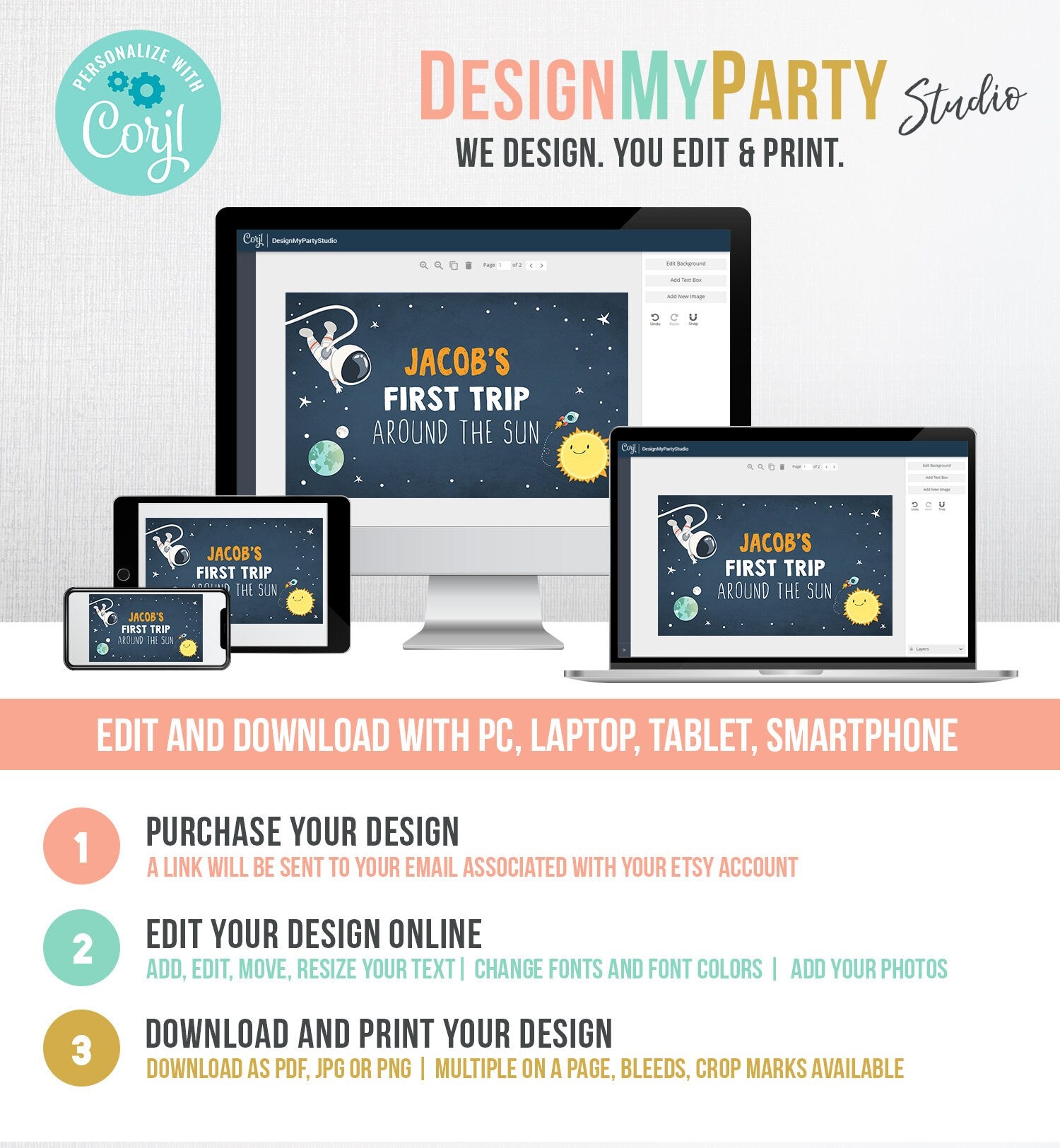 Editable Outer Space Backdrop Banner Astronaut Birthday Boy First Trip Around the Sun Galaxy Planets Download Template Printable 0046