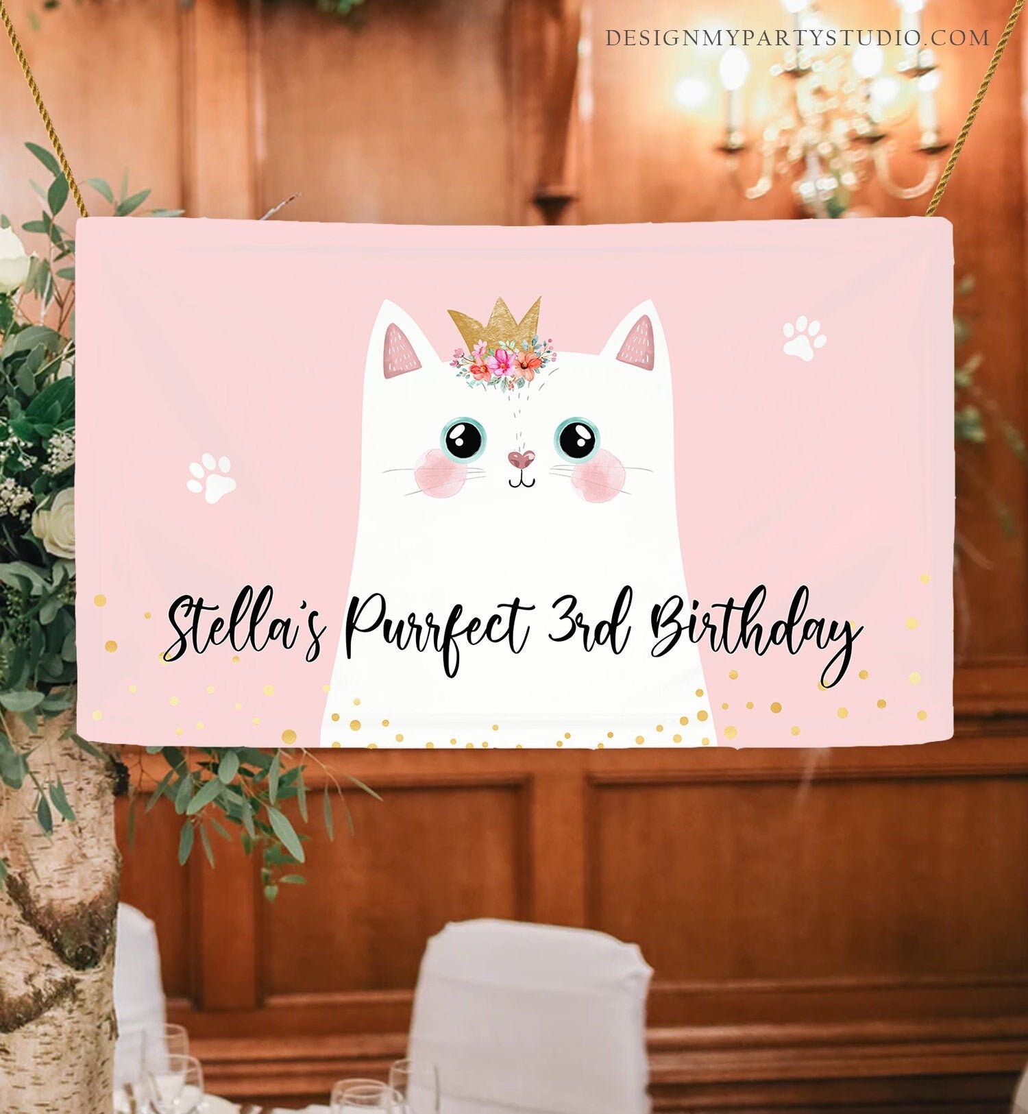 Editable Kitten Birthday Backdrop Kitty Cat Birthday Party Decor Girl Pink Are You Kitten Me Pet Digital Download Template Printable 0381