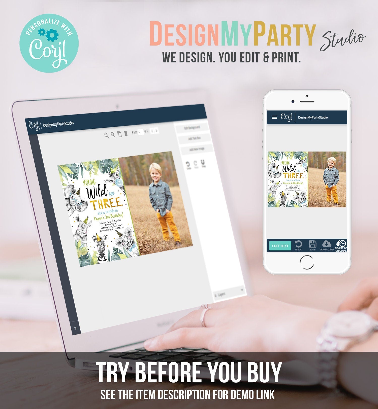 Editable Young Wild and Three Invitation Safari Animals Party Animals Boy Third Birthday Digital Download Evite Template Printable 0322