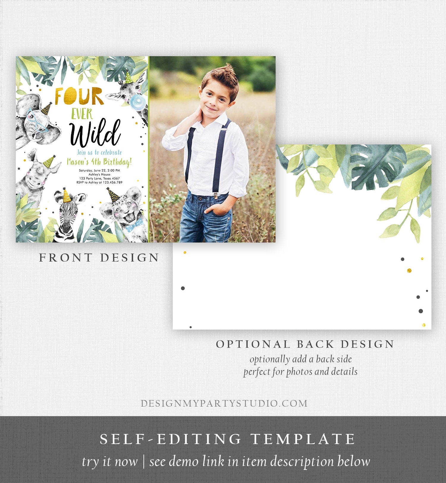 Editable Four Ever Wild Invitation Safari Animals Party Animals Boy Gold Fourth Birthday 4th Zoo Digital Download Template Printable 0322