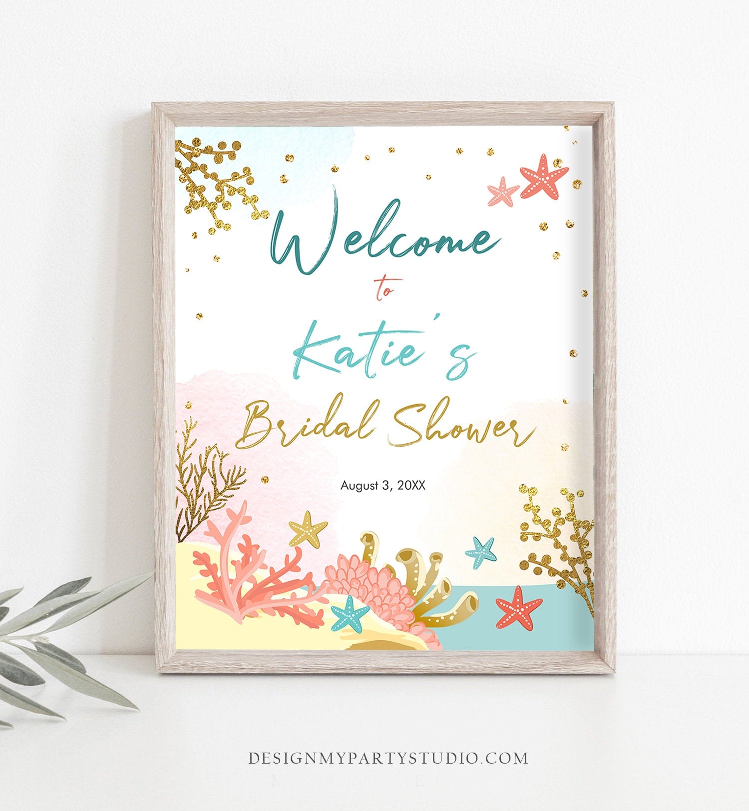 Editable Beach Welcome Sign Couples Shower Welcome Beach Bridal Shower Ocean Nautical Wedding Starfish Coral Corjl Template Printable 0129