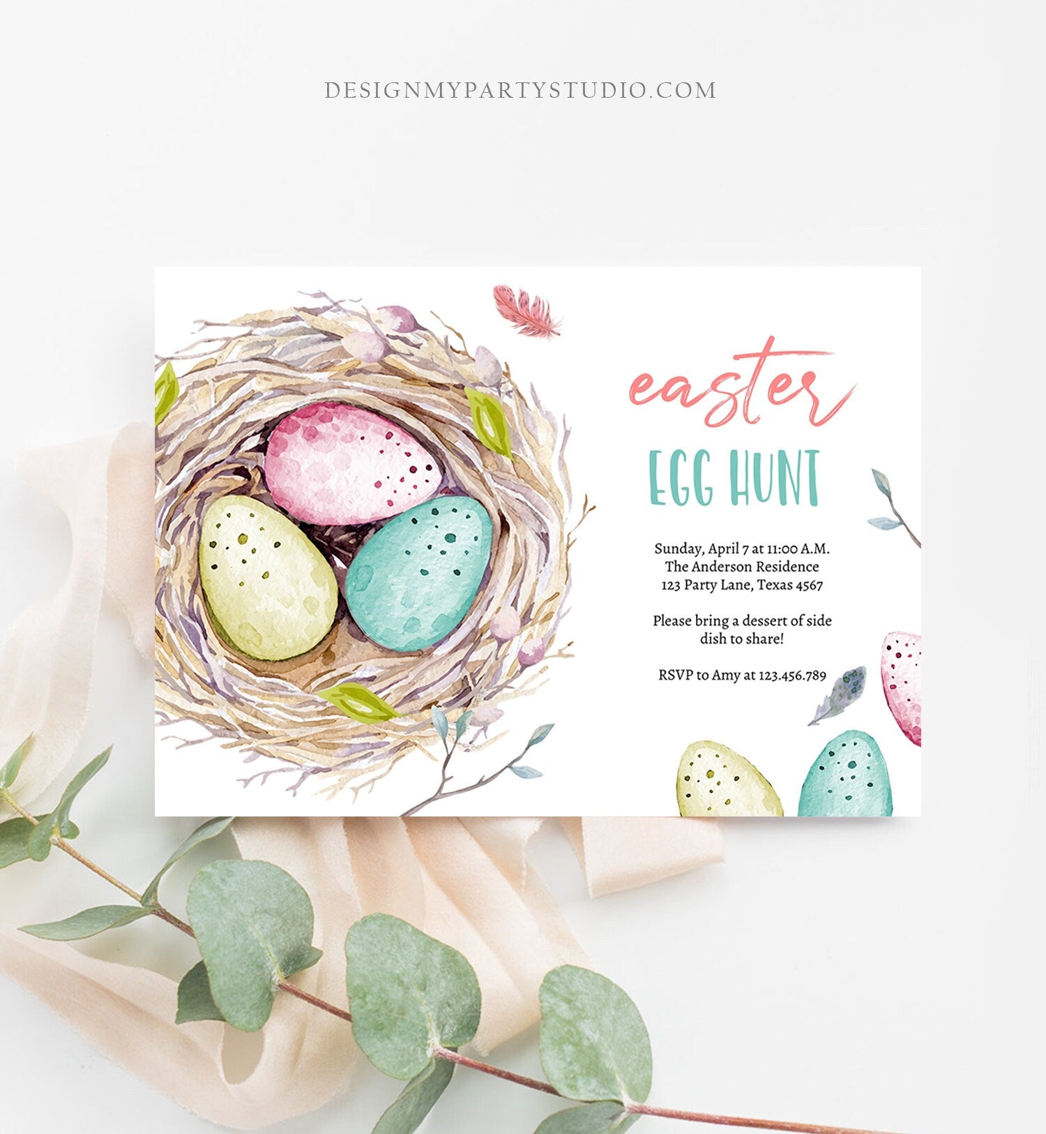 Editable Easter Egg Hunt Invitation Easter Brunch Easter Party Invite Colored Eggs Nest Download Printable Template Corjl Digital 0449 0393
