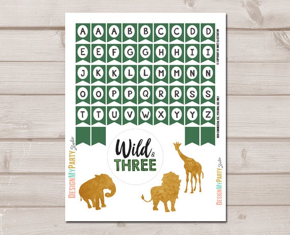 Wild and Thee Cake Topper Safari Animals Third Birthday 3rd Party Animals Name Banner Black Gold Jungle Party Digital Printable 0016