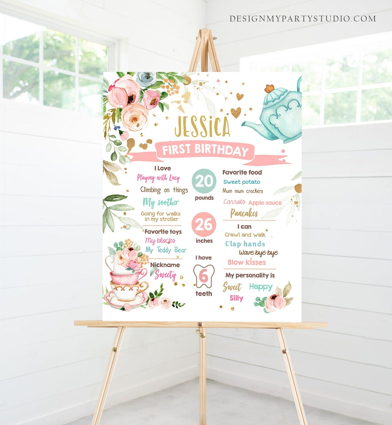 Editable Tea Party Birthday Milestones Sign Par-tea Tea for Two Girl 1st Birthday Floral Pink Garden Party Template Printable Corjl 0349