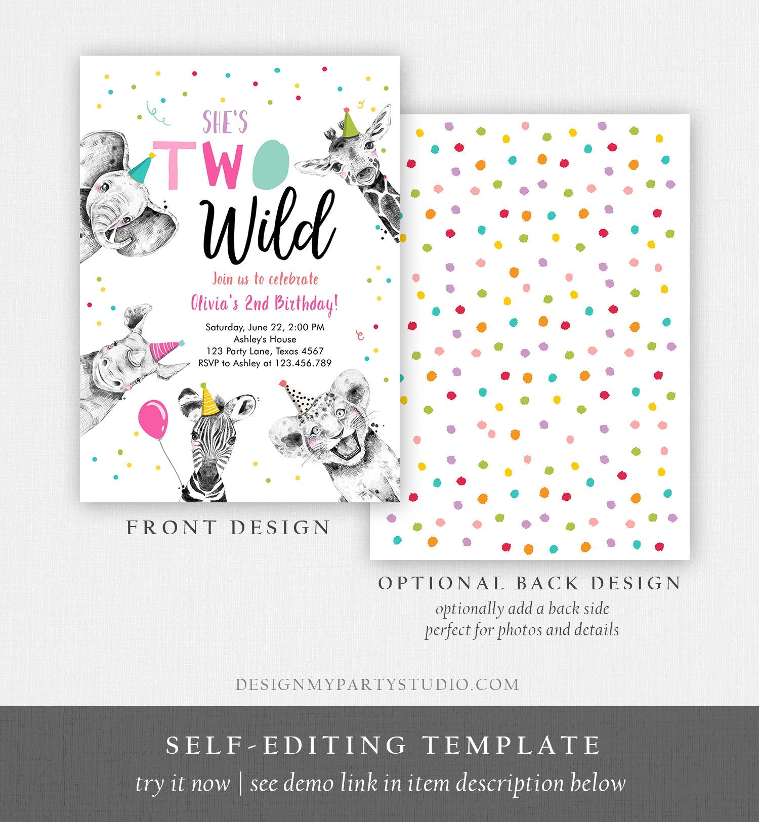 Editable Two Wild Birthday Invitation Safari Animals Party Animals Girl Pink Gold Second Birthday 2nd Confetti Corjl Template Printable 0390