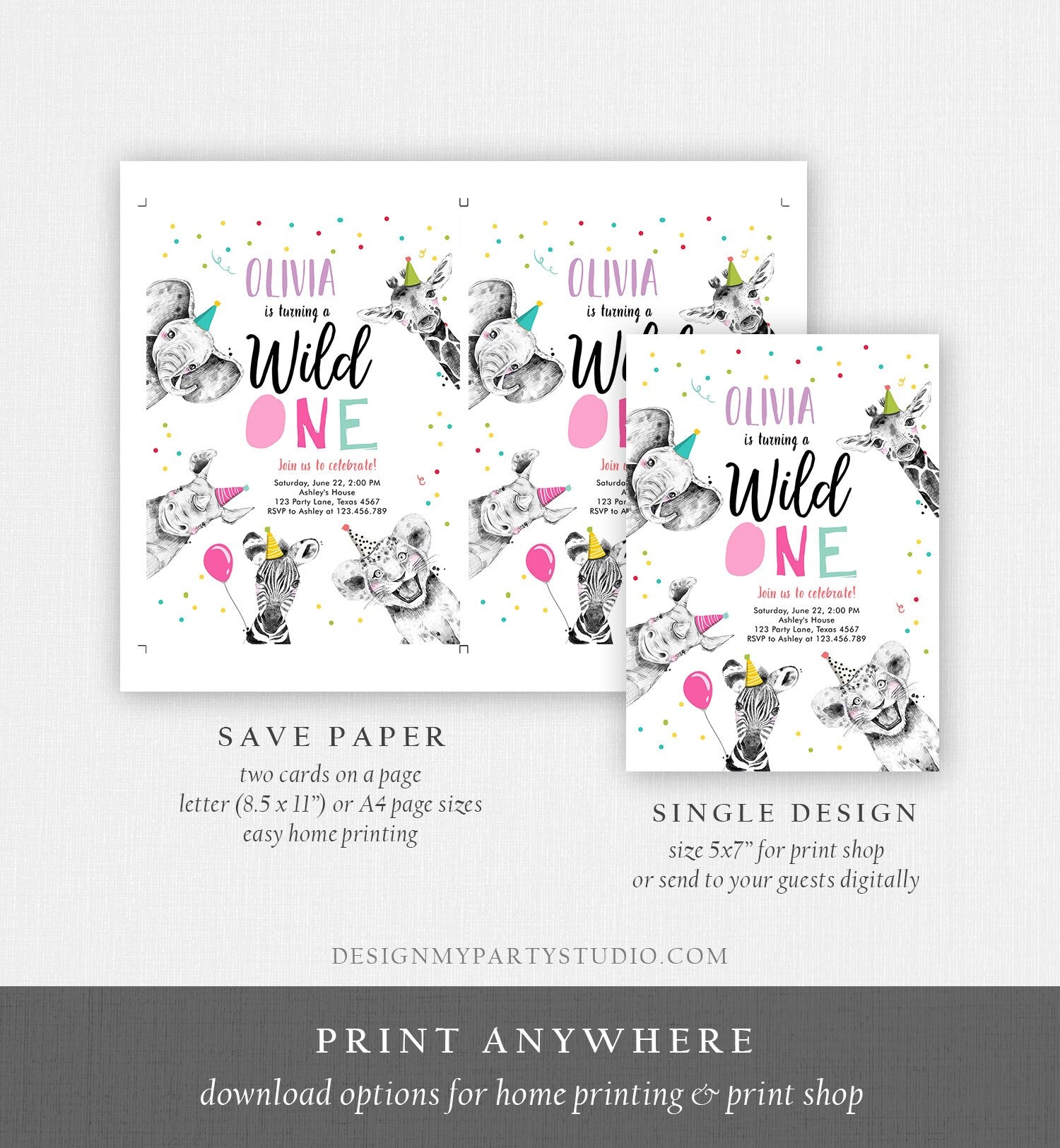 Editable Wild One Birthday Invitation Safari Animals Party Animals Girl Pink Gold First Birthday 1st Confetti Corjl Template Printable 0390