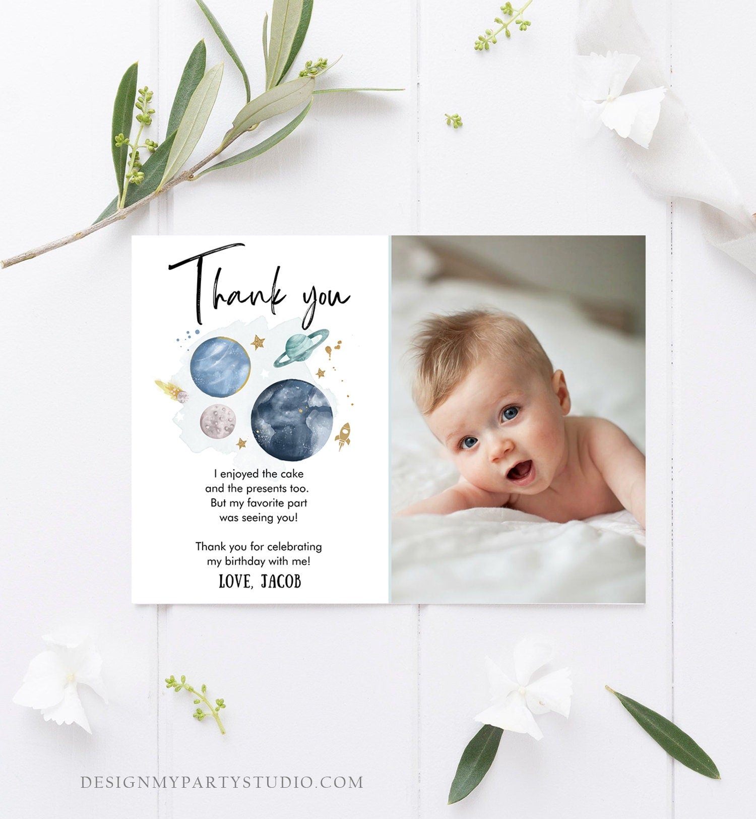 Editable Space Birthday Thank You Card Space Astronaut To the Moon Galaxy Thank You Note Digital Download Template Printable 0357
