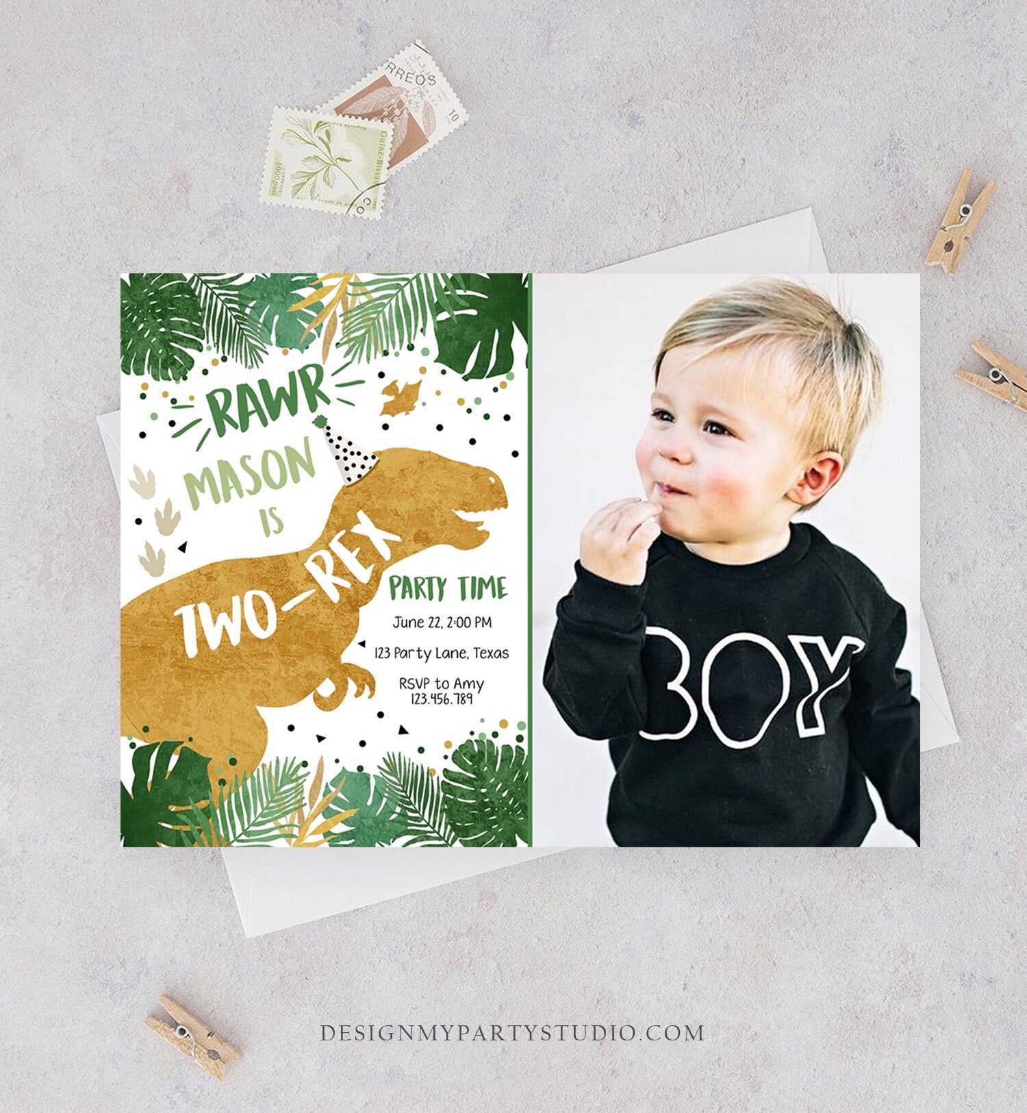 Editable Two-Rex Dinosaur Birthday Invitation Dino T-Rex Boy Second Birthday 2nd RAWR ROAR Green Gold Prehistoric Corjl Template 0146