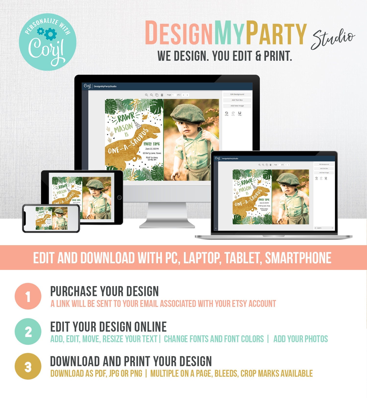 Editable One-A-Saurus Dinosaur Birthday Invitation Dino T-Rex Boy First Birthday 1st RAWR ROAR Green Gold Prehistoric Corjl Template 0146