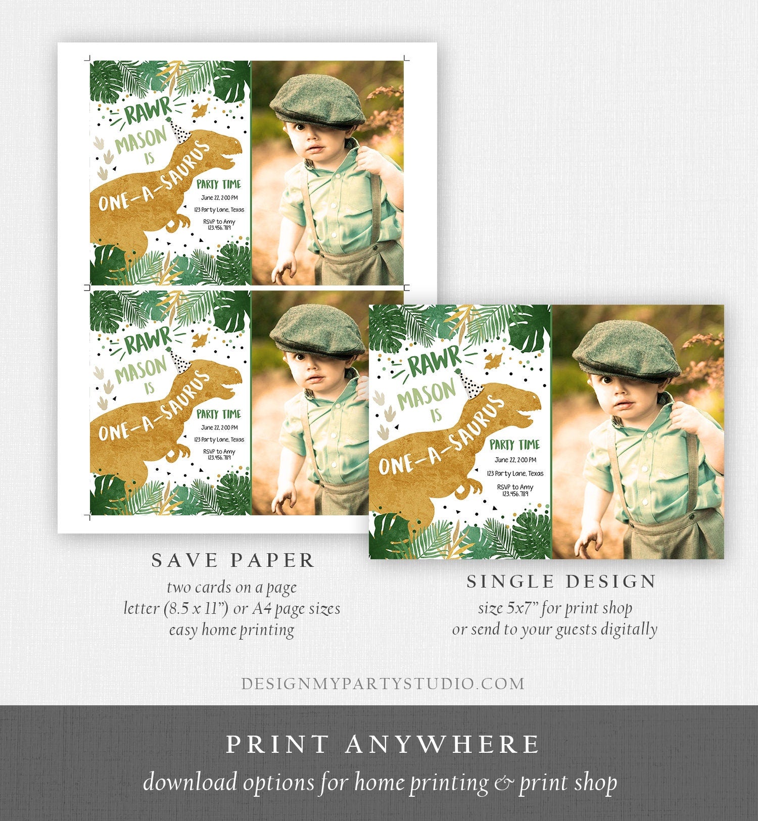Editable One-A-Saurus Dinosaur Birthday Invitation Dino T-Rex Boy First Birthday 1st RAWR ROAR Green Gold Prehistoric Corjl Template 0146