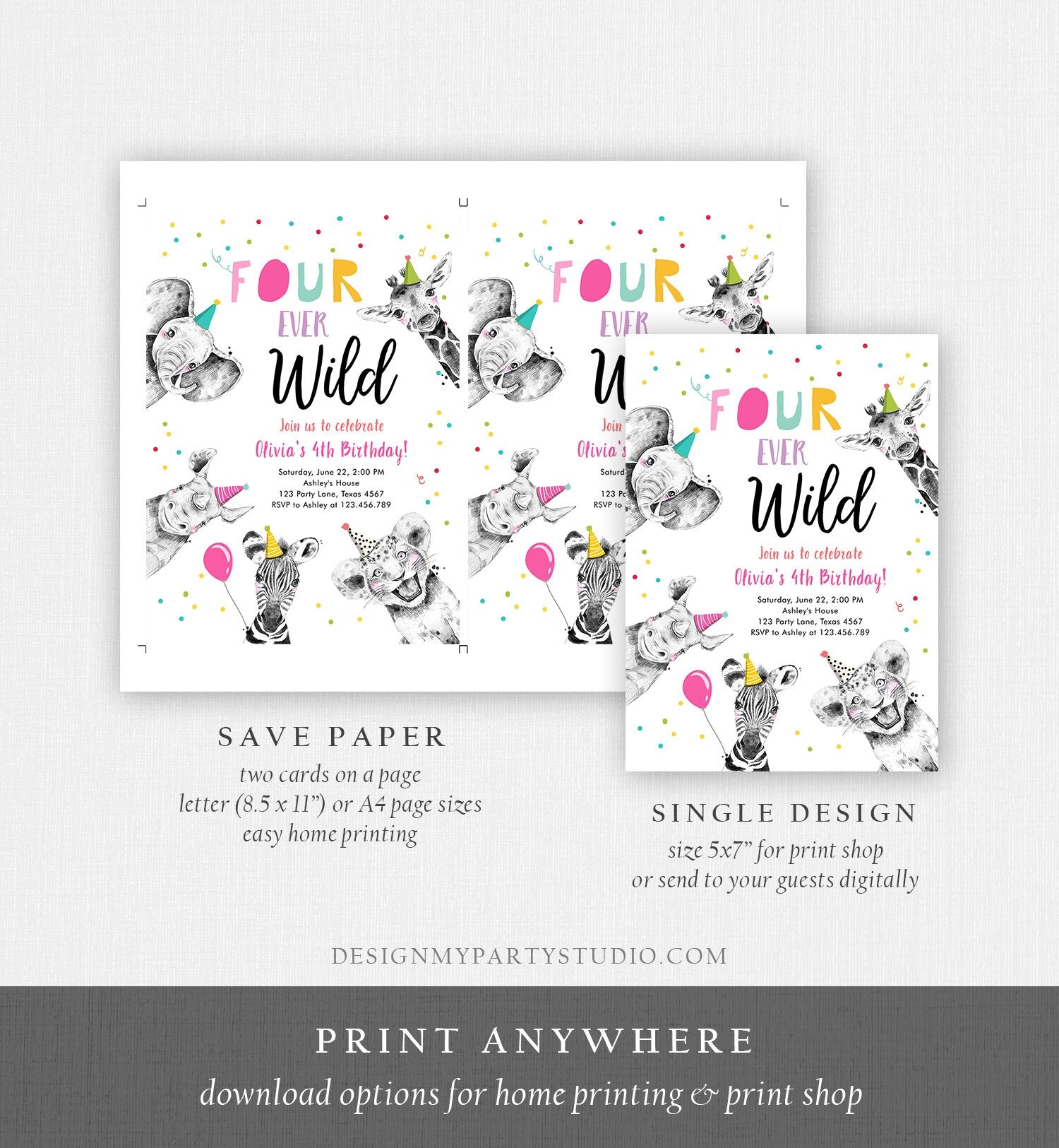 Editable Four Ever Wild Birthday Invitation Girl Pink Gold Safari Party Animals Fourth Birthday 4th Printable Template Digital Corjl 0390