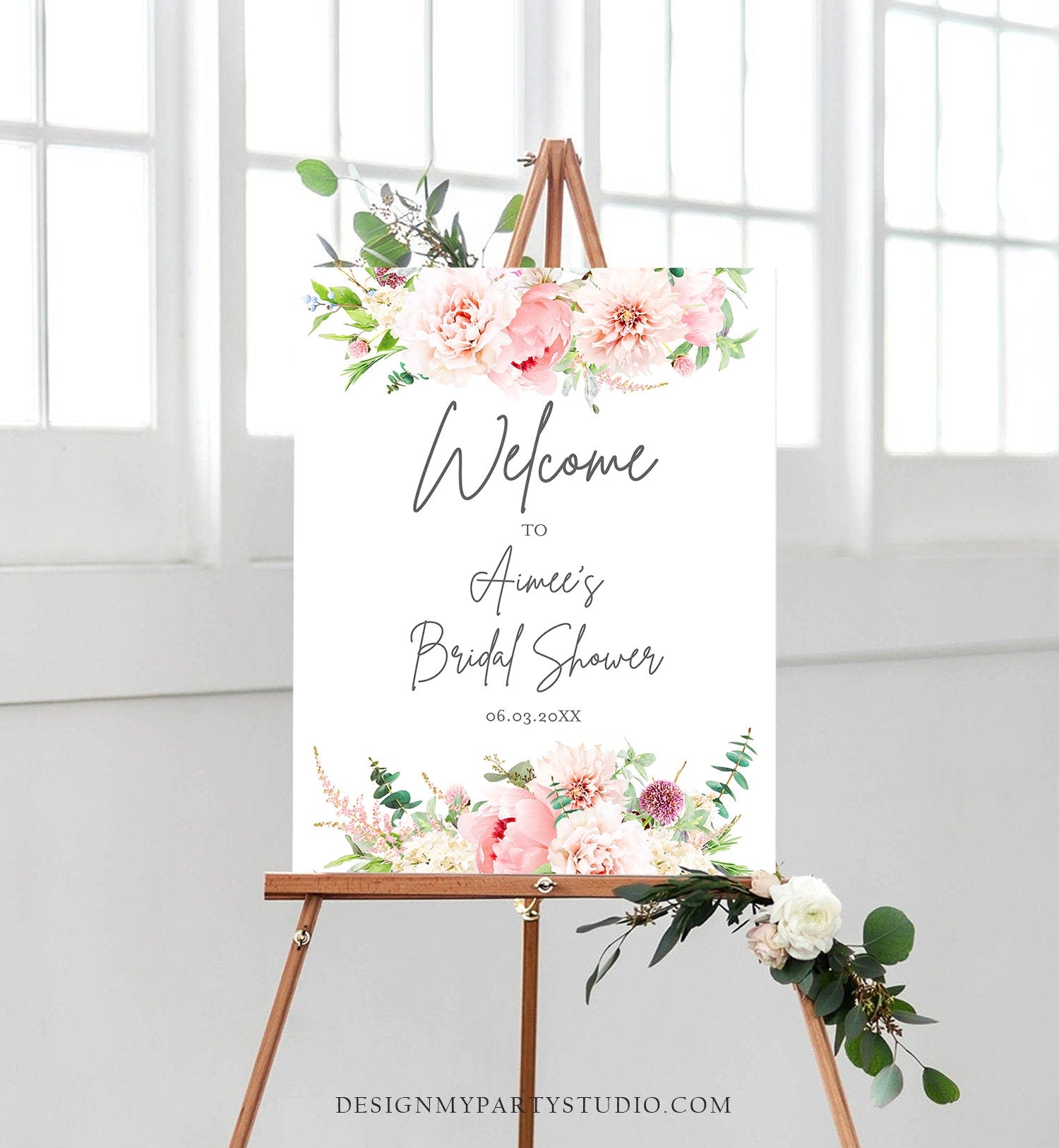 Editable Bridal Shower Welcome Sign Botanical Pink Floral Flowers Wedding Welcome Signage Garden Download Corjl Template Printable 0167