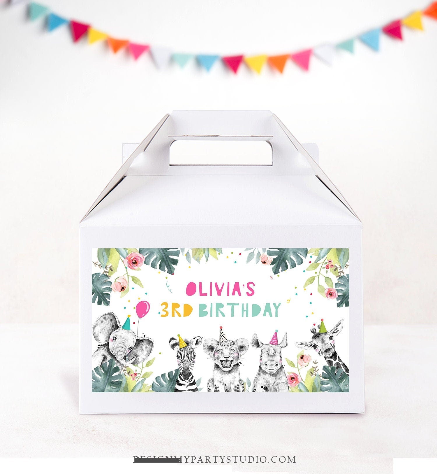 Editable Party Animals Birthday Gable Box Safari Animals Birthday Gift Box Label Party Animals Girl Download Printable Digital Template 0322