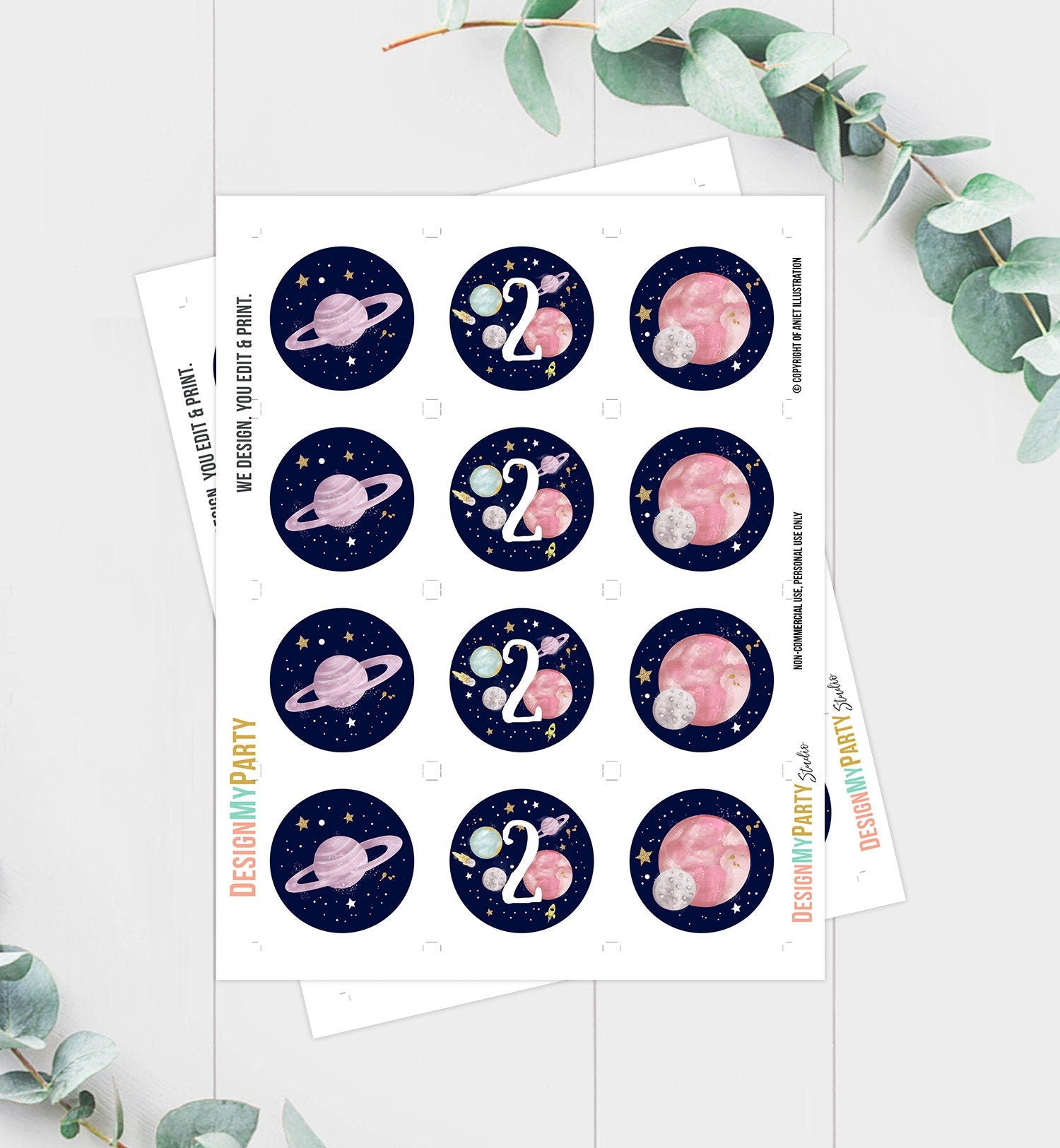 Outer Space Birthday Cupcake Toppers Two the Moon Birthday Favor Tags Space 2nd Birthday Planets Galaxy Girl Pink Digital PRINTABLE 0357
