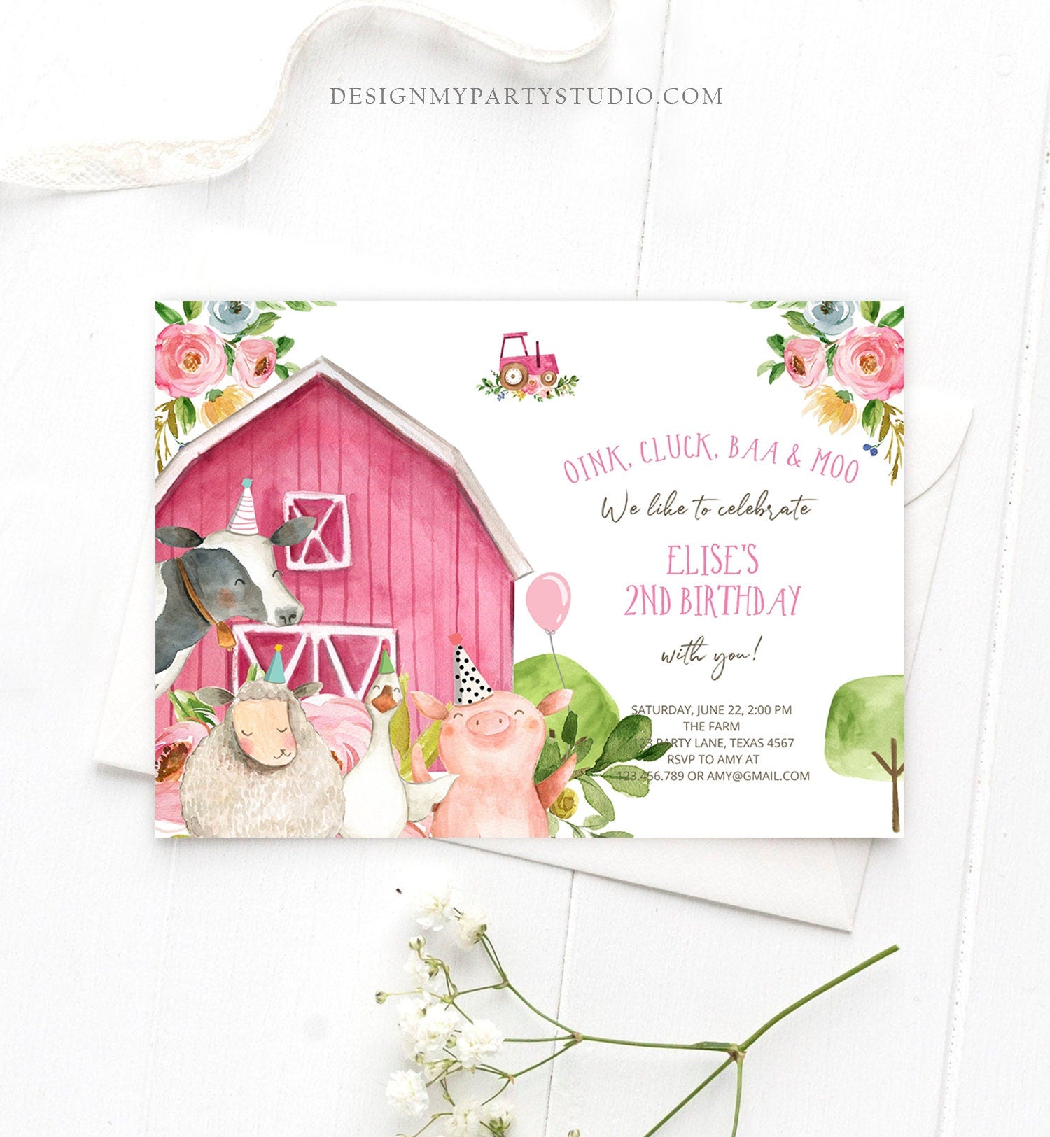 Editable Farm Birthday Invitation Girl Farm Animals Pink Floral Barnyard Party Download Printable Invitation Template Digital Corjl 0155