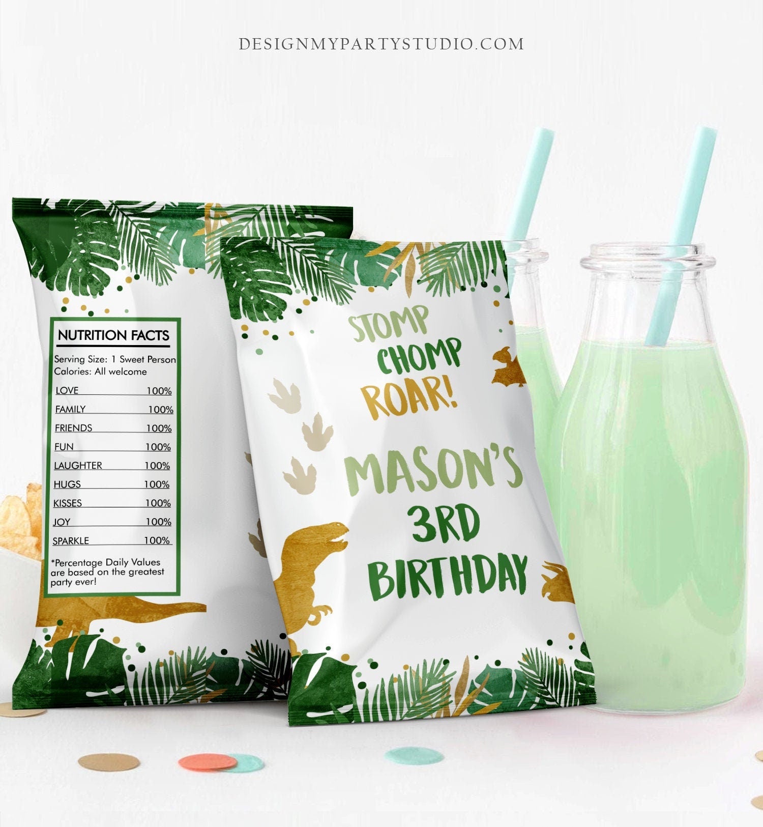 Editable Dinosaur Chip Bag Dino T-Rex Party Decor Boy Dino Birthday Party Snack Favors Potatoes Gold Digital Corjl Template Printable 0146