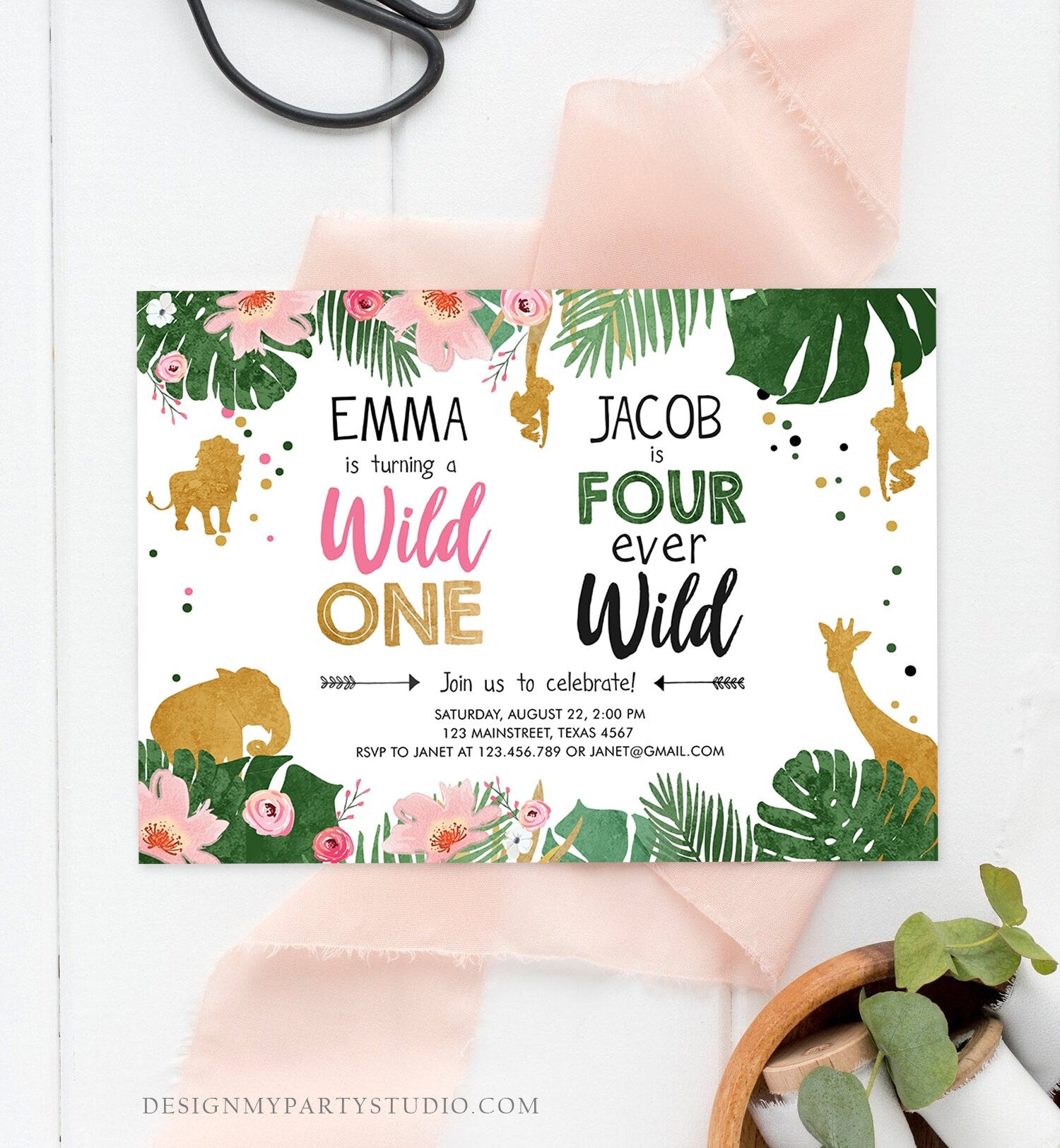 Editable Wild One Birthday Invitation Four Ever Wild Boy Girl Safari Animals Jungle Gold Joint Dual Combined Corjl Template Printable 0016