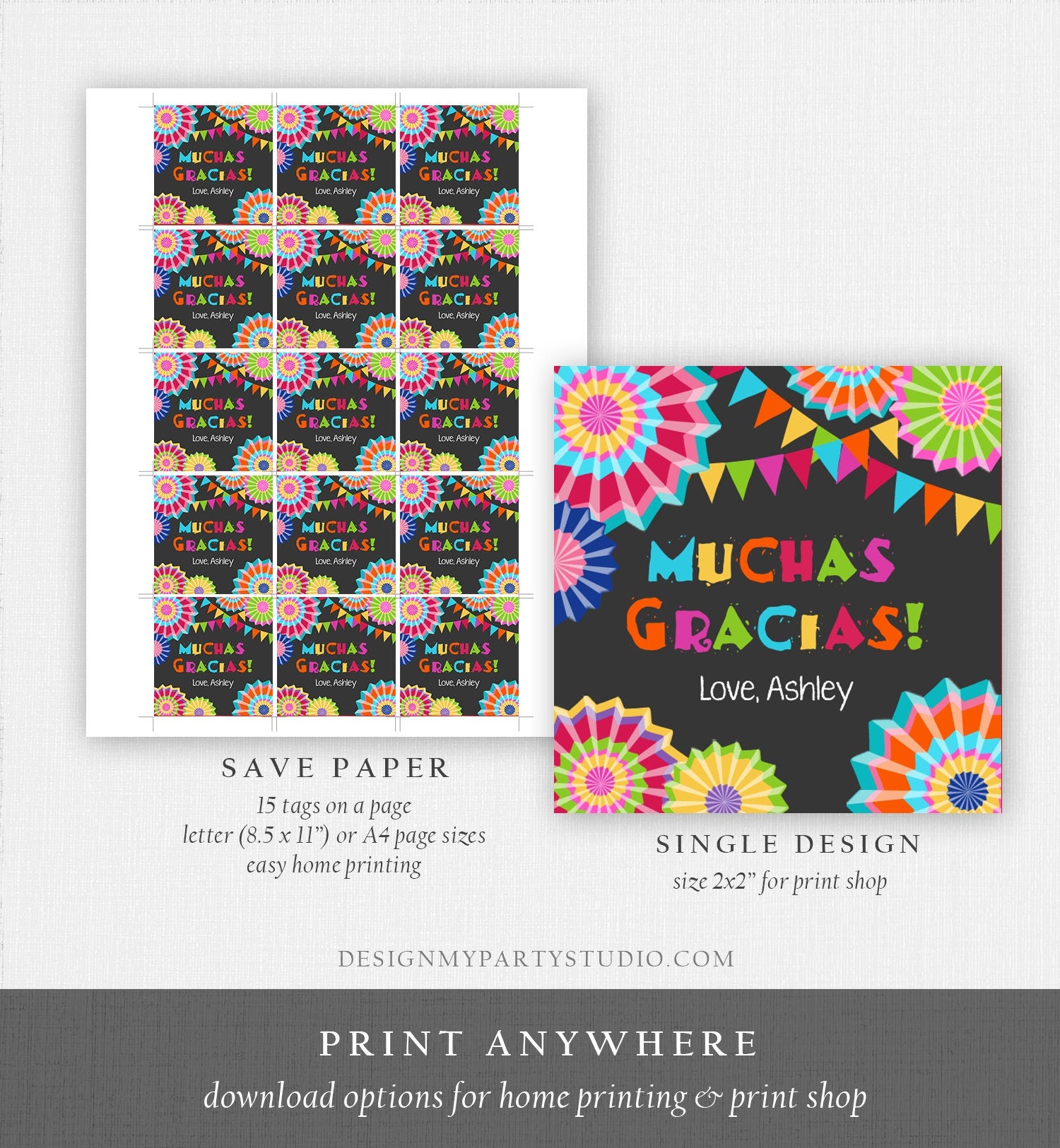 Editable Muchas Gracias Fiesta Favor Tag Thank You Tags Cactus Succulent Mexican Birthday Baby Bridal Shower Taco Bout Corjl Template 0045