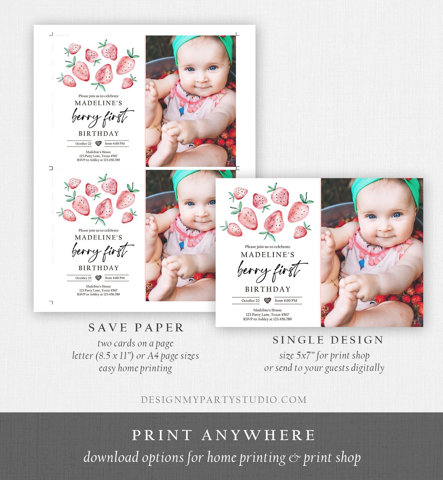 Editable Strawberry Birthday Invitation First Birthday Berry Sweet Girl Cute Strawberries 1st Digital Download Evite Template Printable 0399