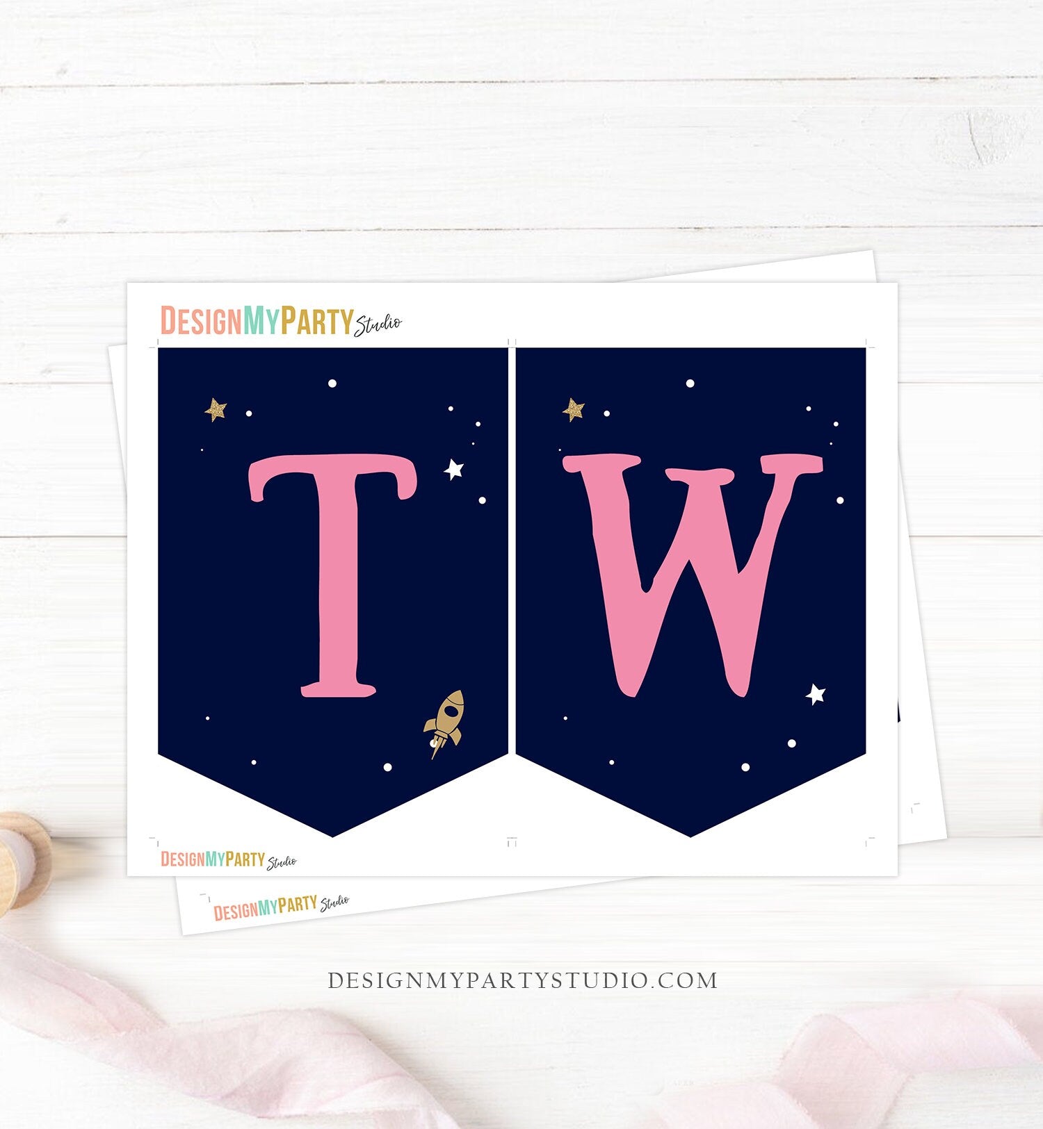 Outer Space Planets High Chair Banner Galaxy Girl 2nd Birthday Pink High Chair Banner TWO the Moon Space Digital Download Printable 0357