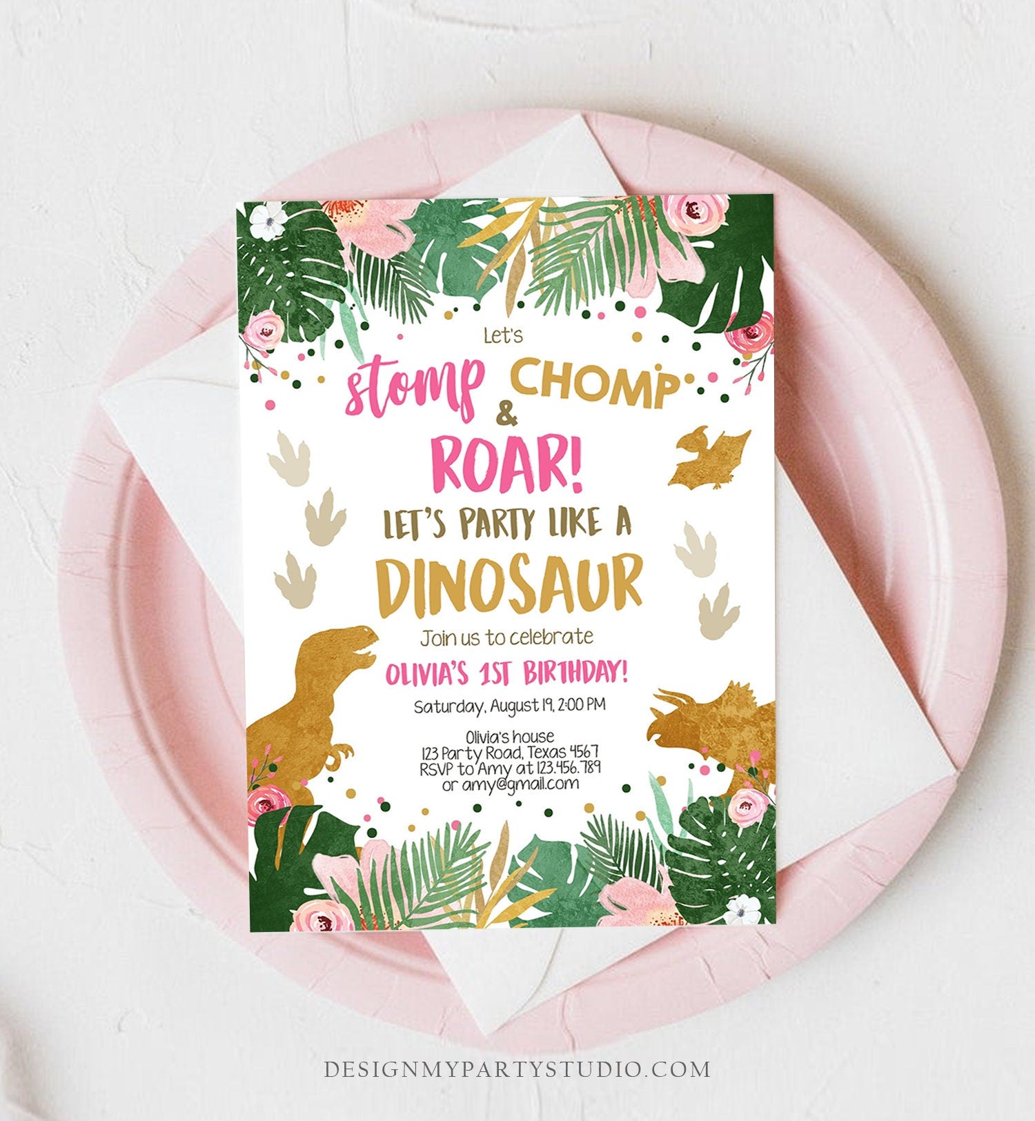 Editable Gold Dinosaur Birthday Invitation ANY AGE Dino Party T-Rex Prehistoric Rawr Girl Pink Gold Download Printable Corjl Template 0146