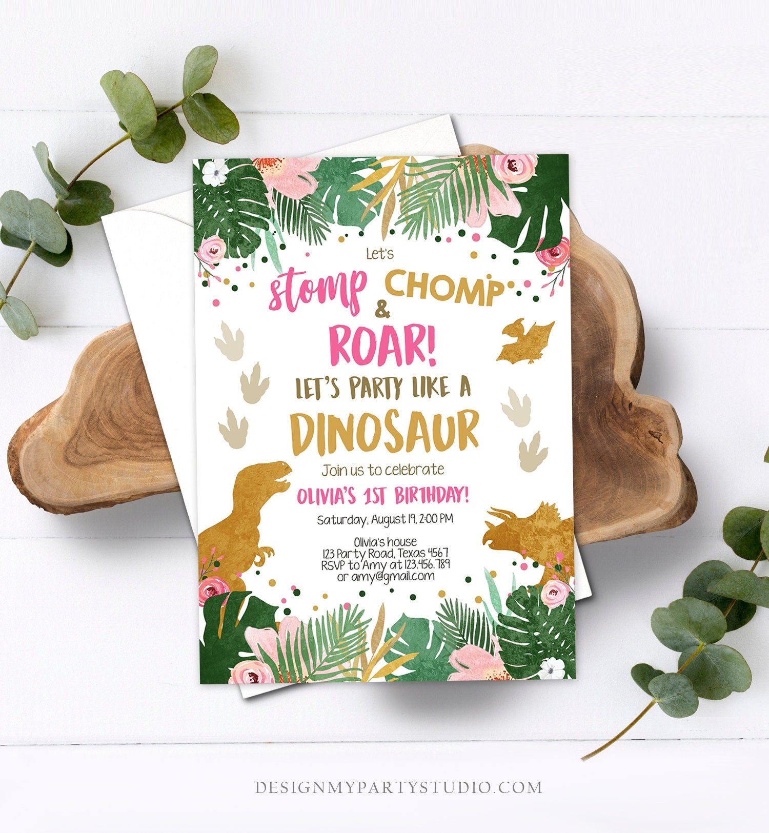 Editable Gold Dinosaur Birthday Invitation ANY AGE Dino Party T-Rex Prehistoric Rawr Girl Pink Gold Download Printable Corjl Template 0146