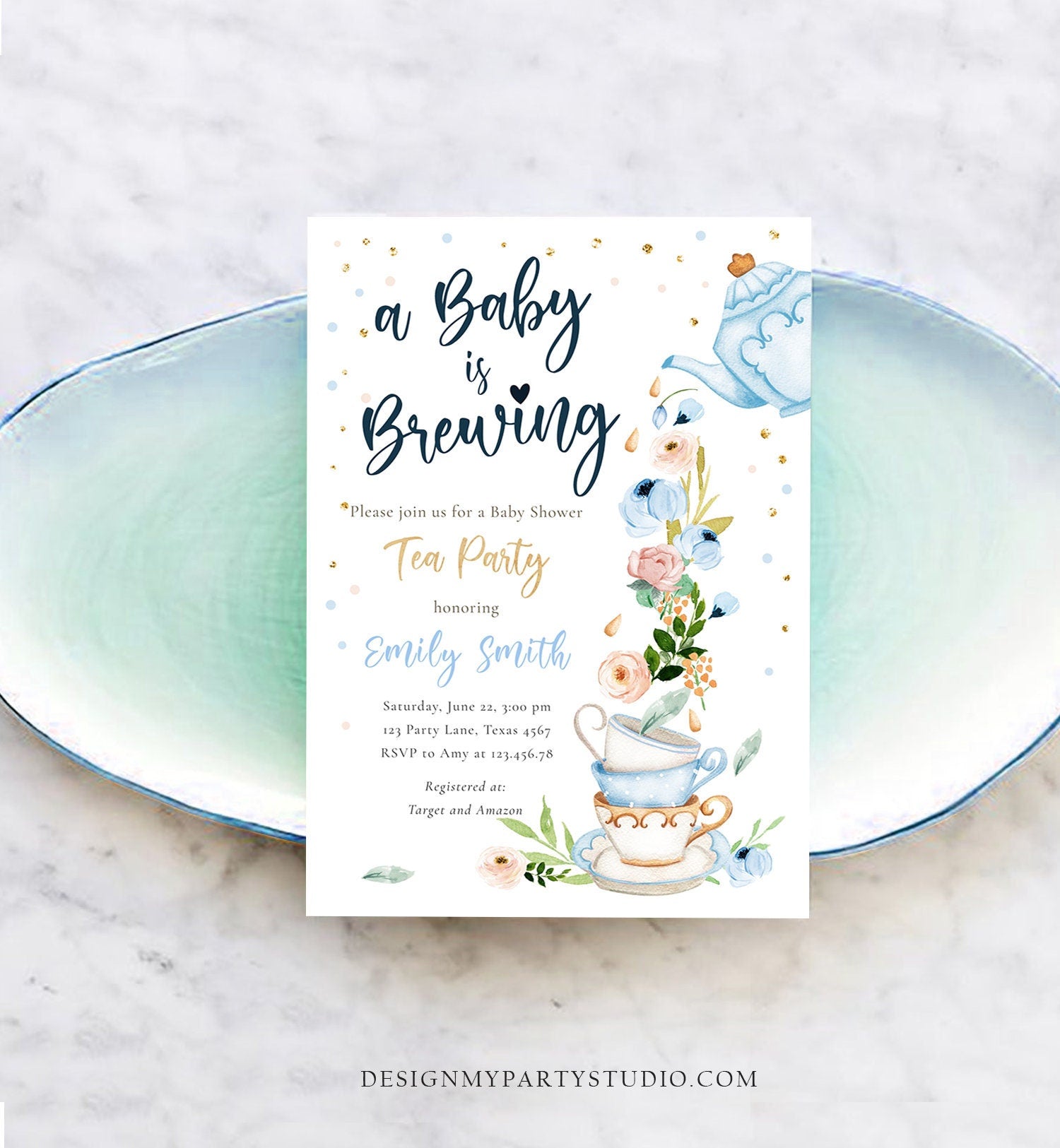 Editable Tea Party Baby Shower Invitation Tea Shower Sprinkle Floral Blue Boy Gold Brunch Bubbly Download Corjl Template Printable 0349