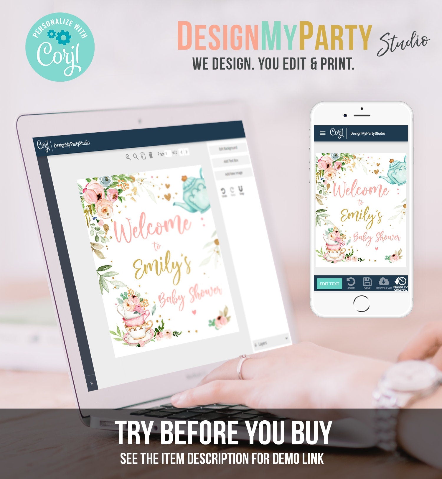 Editable Tea Baby Shower Welcome Sign Baby is Brewing Floral Pink Gold Whimsical Girl Shower Garden Party Template PRINTABLE Corjl 0349