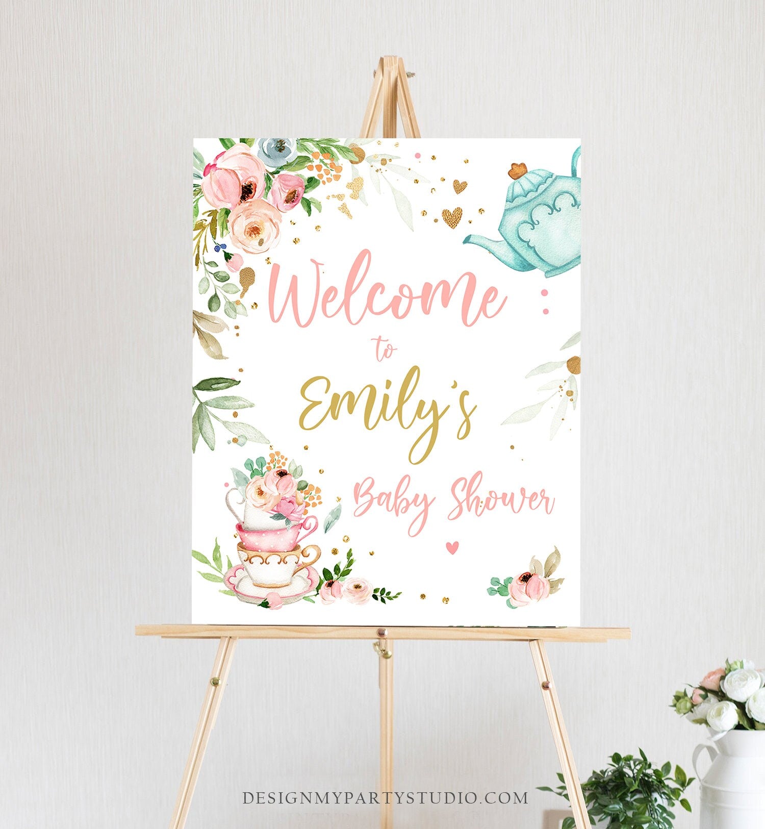 Editable Tea Baby Shower Welcome Sign Baby is Brewing Floral Pink Gold Whimsical Girl Shower Garden Party Template PRINTABLE Corjl 0349