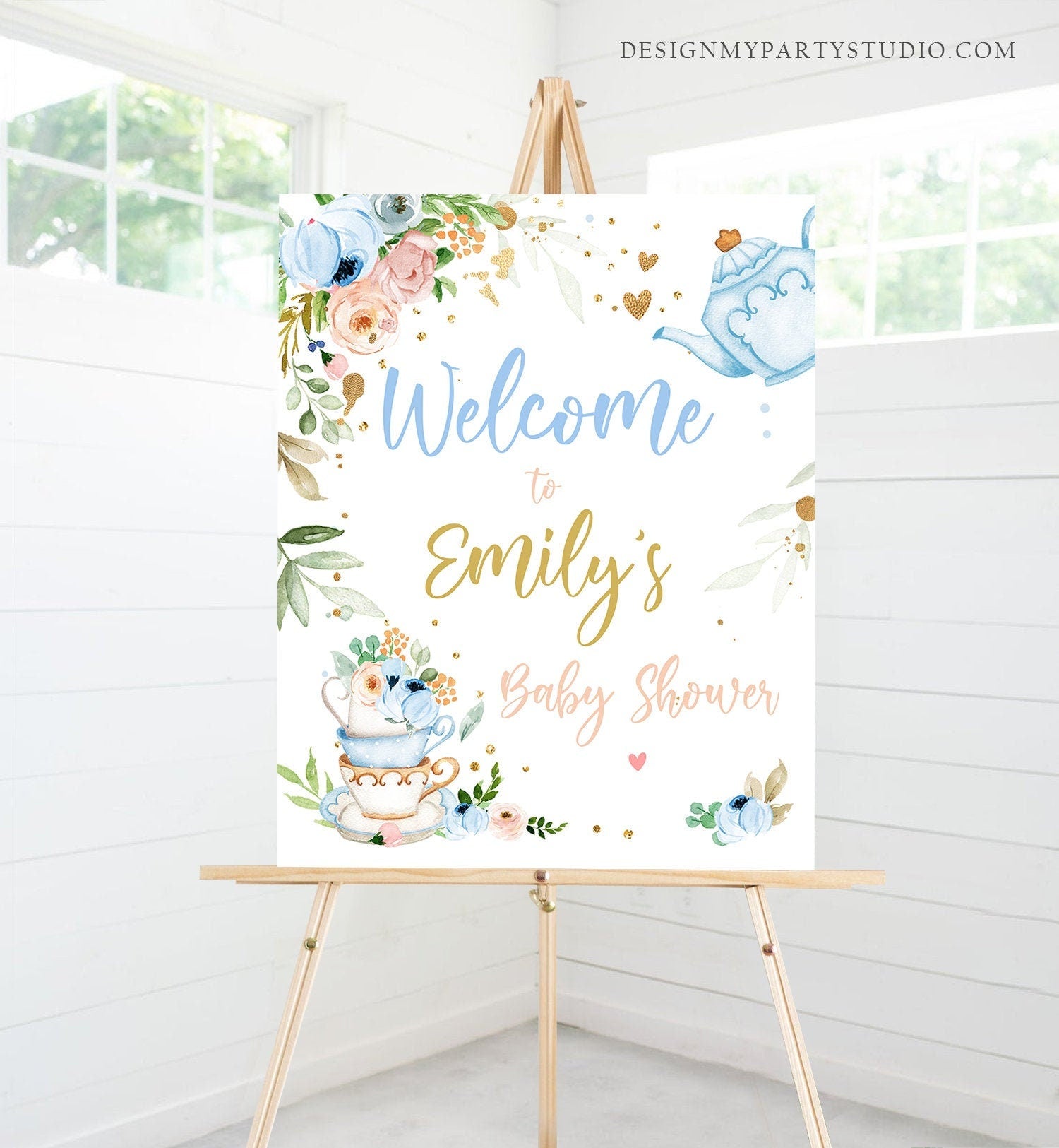 Editable Tea Baby Shower Welcome Sign Baby is Brewing Floral Blue Gold Whimsical Boy Shower Garden Party Template PRINTABLE Corjl 0349