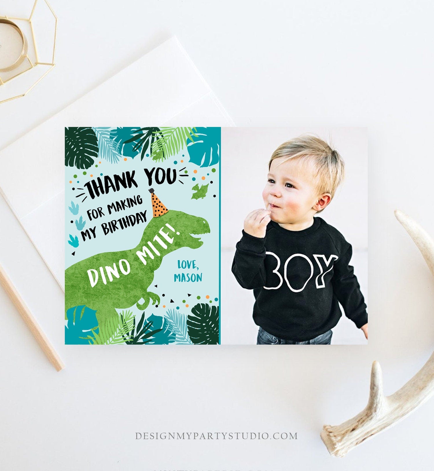 Editable Dinosaur Thank You Card Birthday Boy Black Green Gold Dino Party T-Rex Photo Digital Download Evite Template Printable 0389