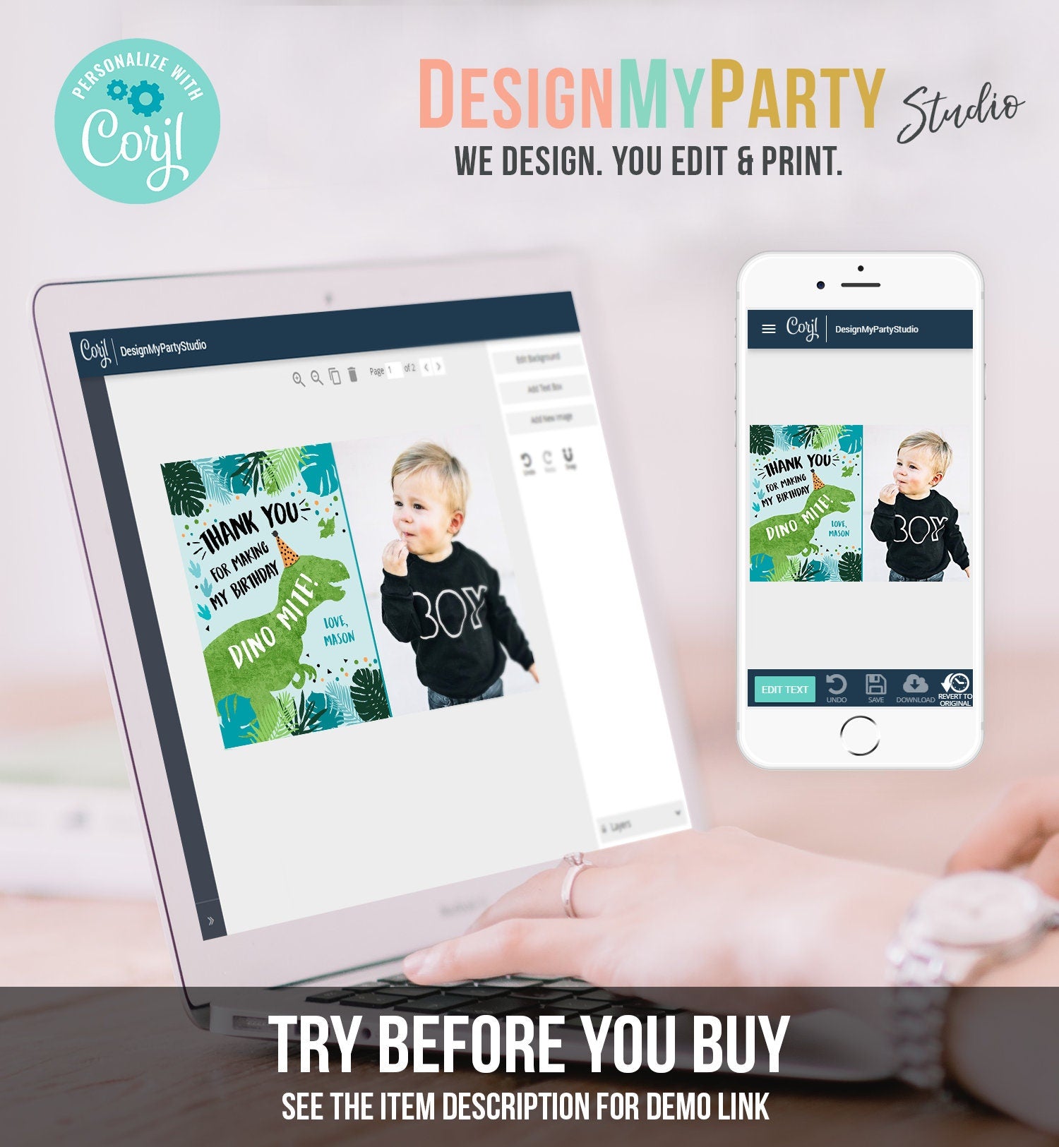 Editable Dinosaur Thank You Card Birthday Boy Black Green Gold Dino Party T-Rex Photo Digital Download Evite Template Printable 0389