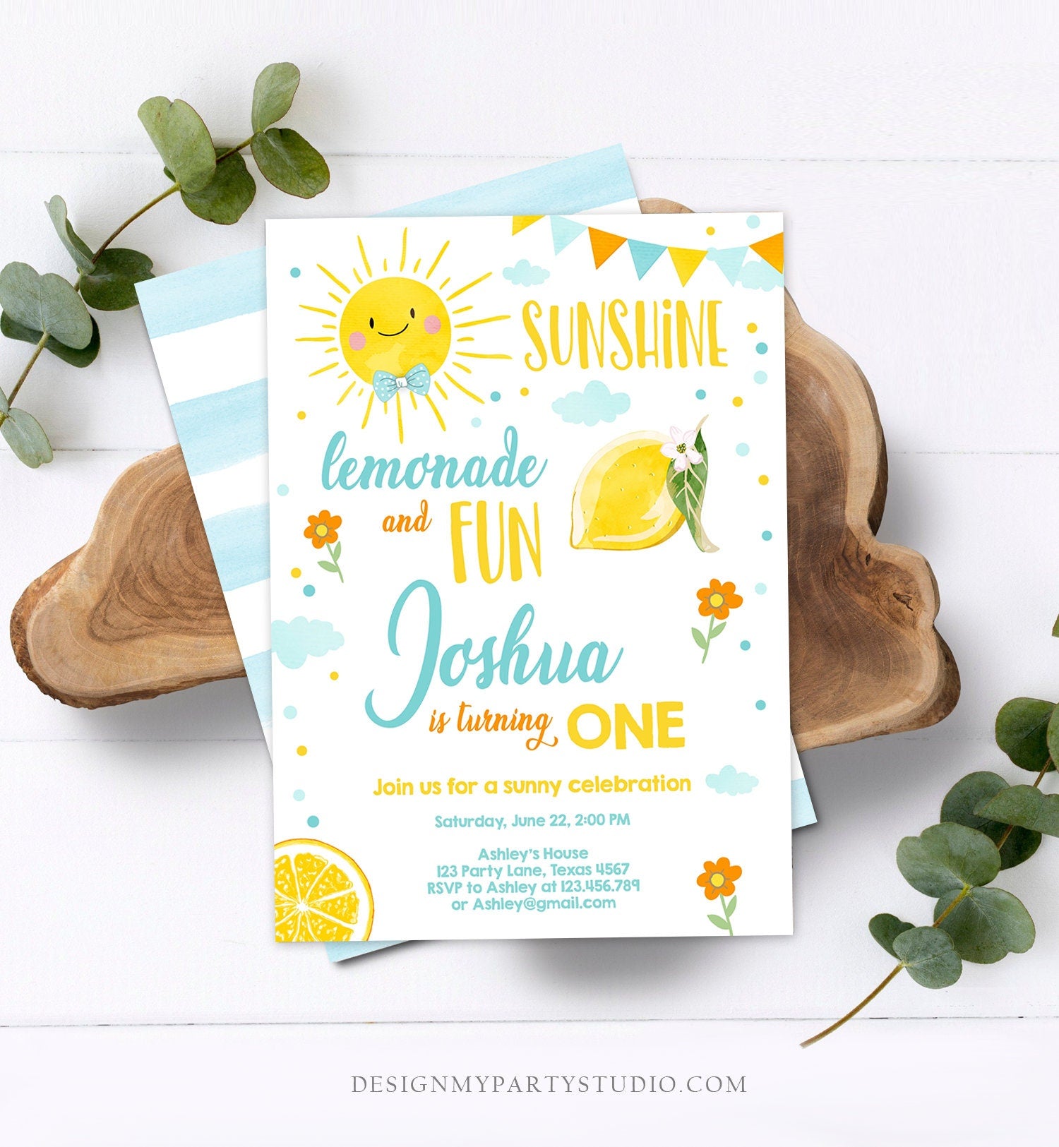 Editable Sunshine Lemonade Birthday Invitation Boy Blue Orange Sunshine Party Lemonade First 1st Digital Evite Template Printable 0141