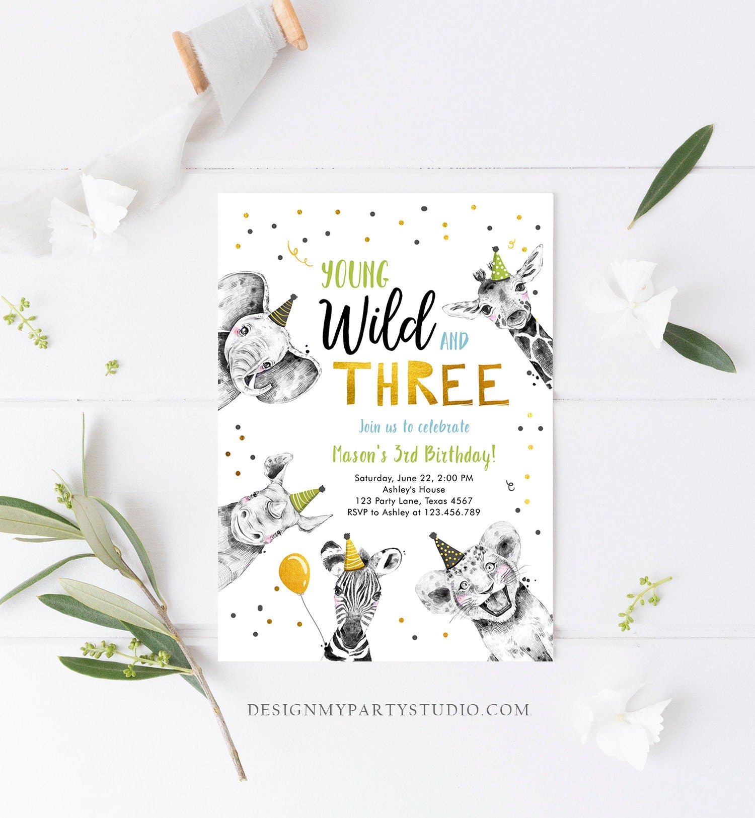 Editable Young Wild and Three Birthday Invitation Boy Green Gold Third 3rd Safari Animals Digital Download Evite Template Printable 0390
