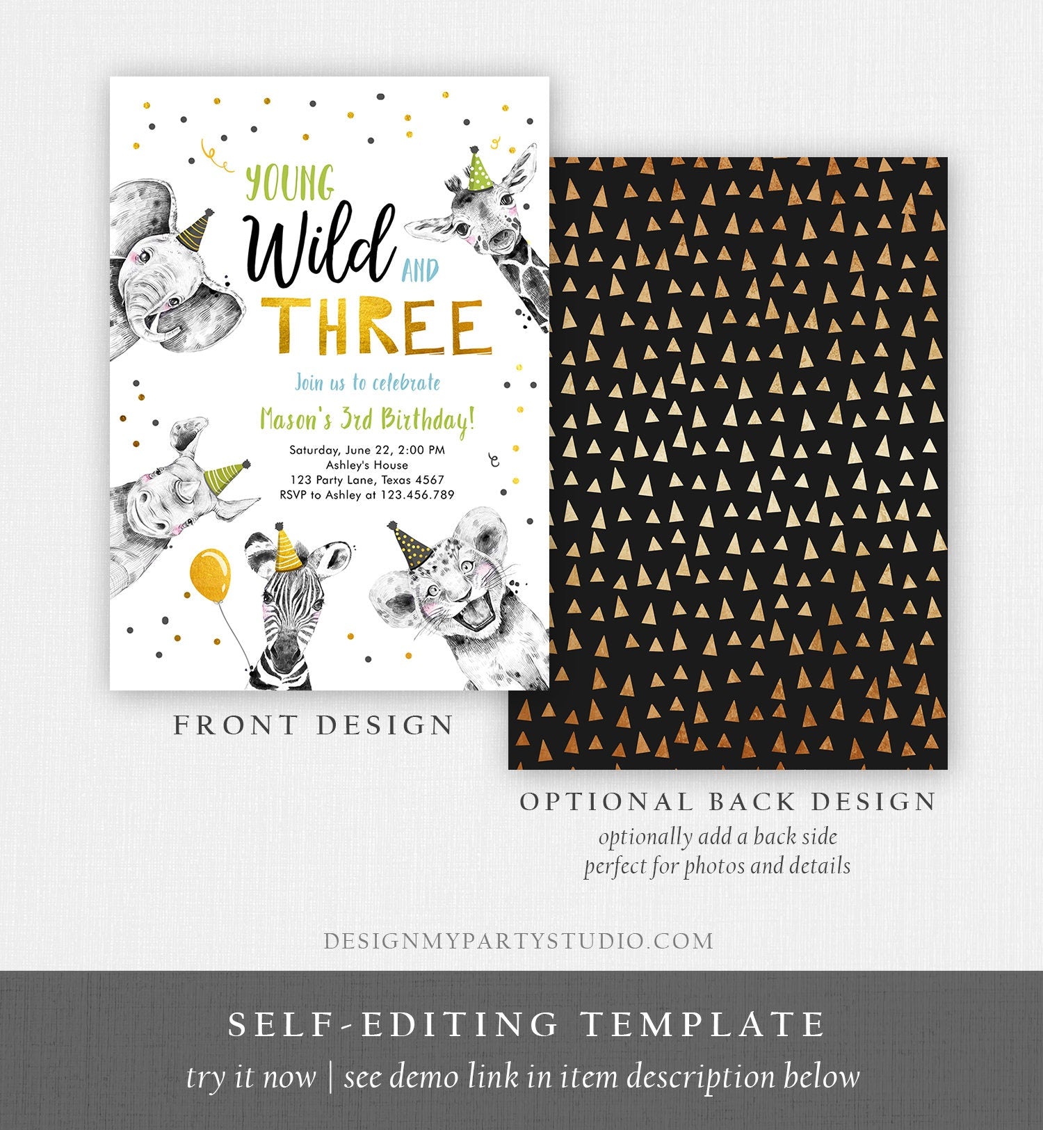 Editable Young Wild and Three Birthday Invitation Boy Green Gold Third 3rd Safari Animals Digital Download Evite Template Printable 0390