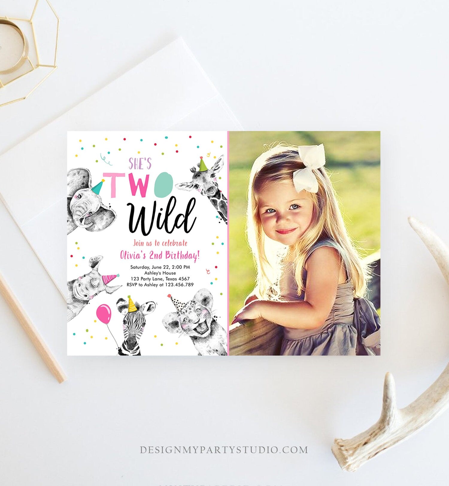 Editable Two Wild Birthday Invitation Safari Animals Party Animals Girl Pink Gold Second Birthday 2nd Digital Template Printable 0390