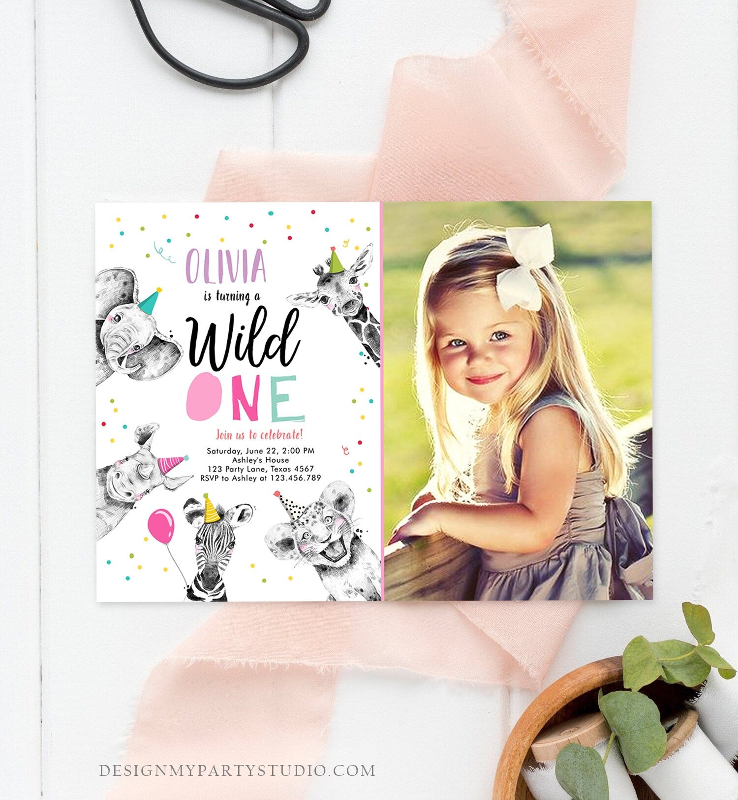 Editable Wild One Birthday Invitation Safari Animals Party Animals Girl Pink Gold First Birthday 1st Digital Template Printable 0390
