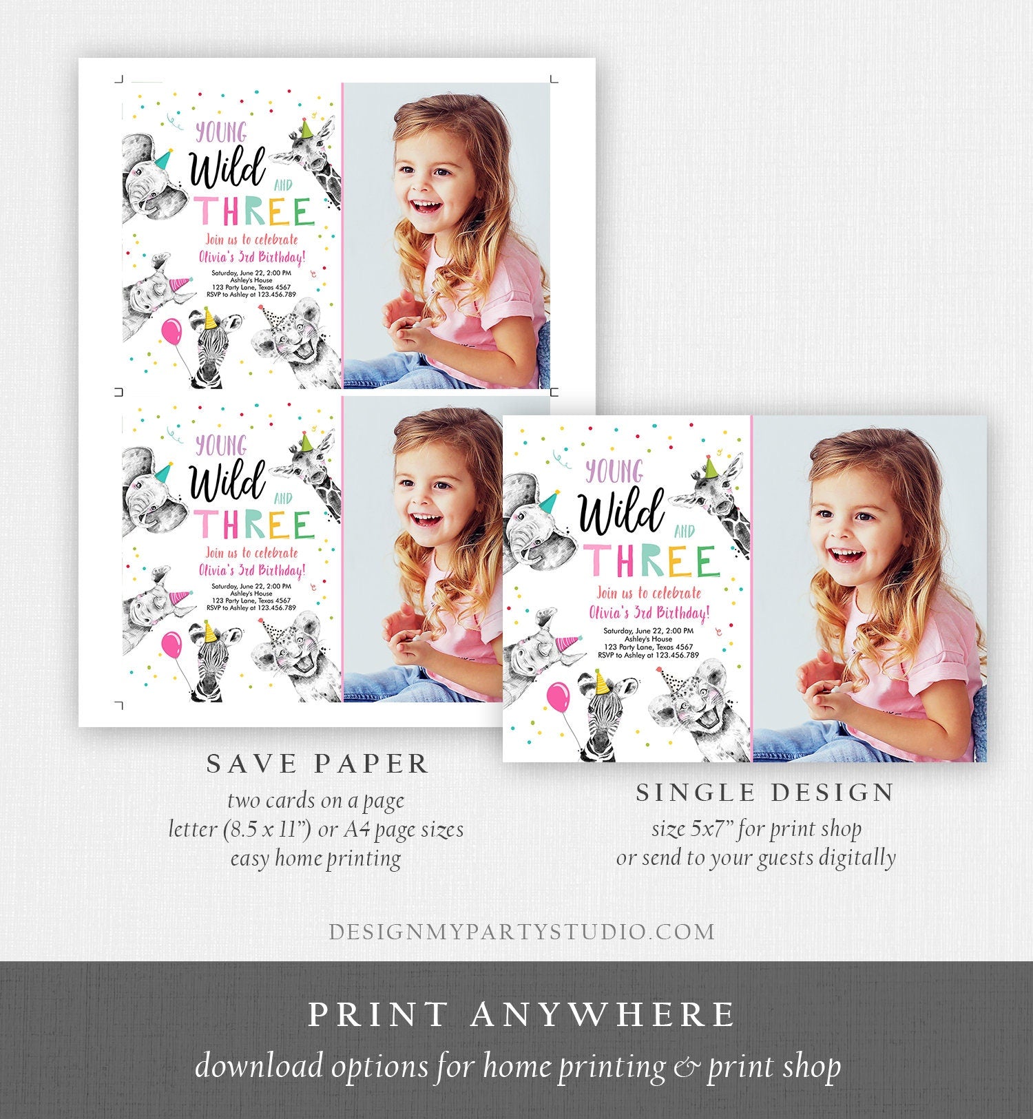 Editable Young Wild and Three Birthday Invitation Girl Pink and Gold Safari Party Animals Digital Download Evite Template Printable 0390