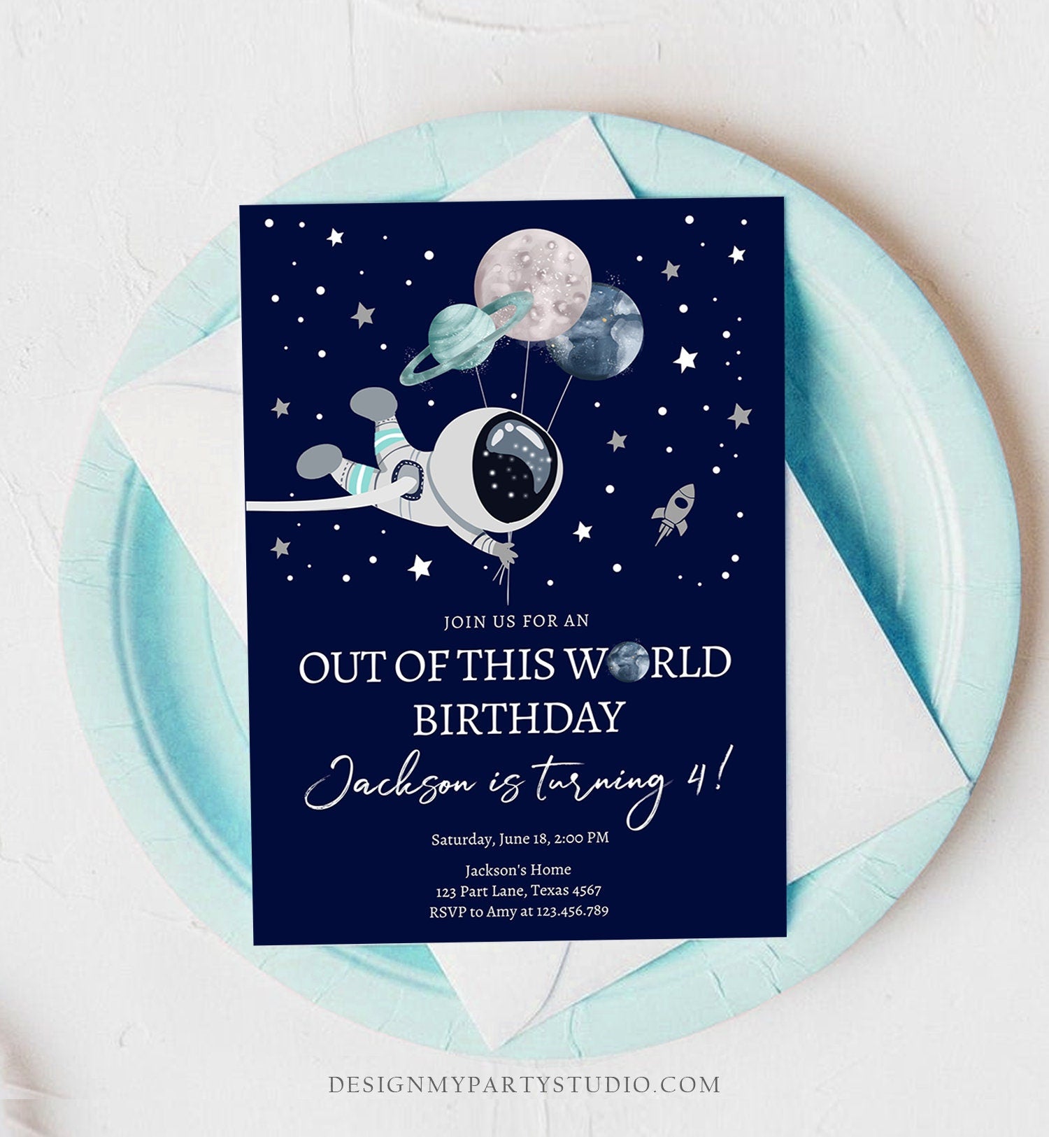 Editable Out of This World Birthday Invitation Outer Space Planets Rocket Ship Galaxy Astronaut Silver Boy Digital Template Printable 0366