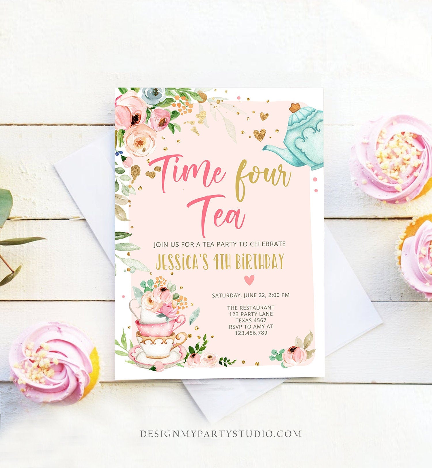 Editable Tea Party Birthday Invitation Four Par-Tea Birthday Invite Pink Gold Floral 4th Download Printable Template Corjl Digital 0349
