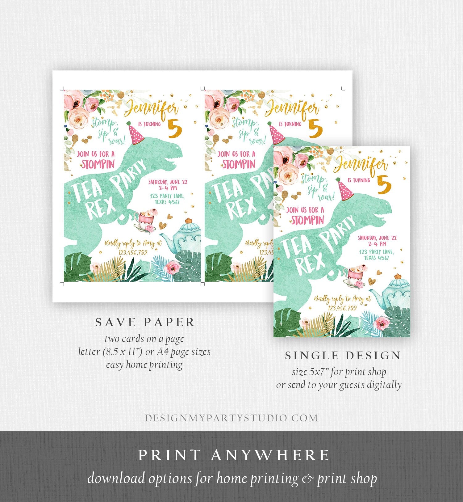 Editable Dinosaur Tea Party Invitation Tea Rex Birthday Par-Tea Pink Mint Gold Floral Tea Rex Download Printable Template Evite Digital 0400