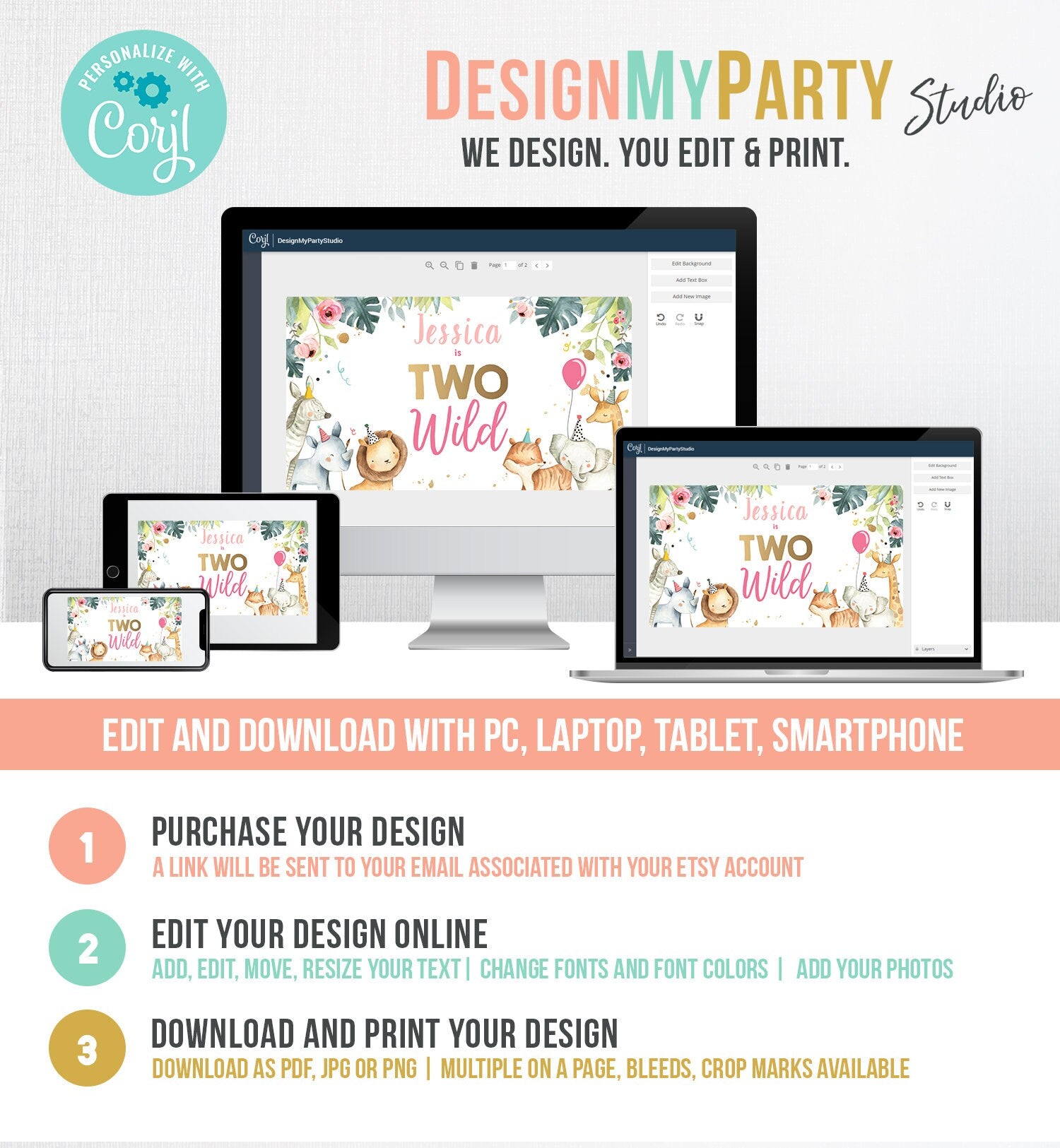 Editable Two Wild Safari Animals Birthday Gable Gift Box Labels Watercolor Party Animals Girl Pink Second Birthday 2nd Digital Corjl 0163