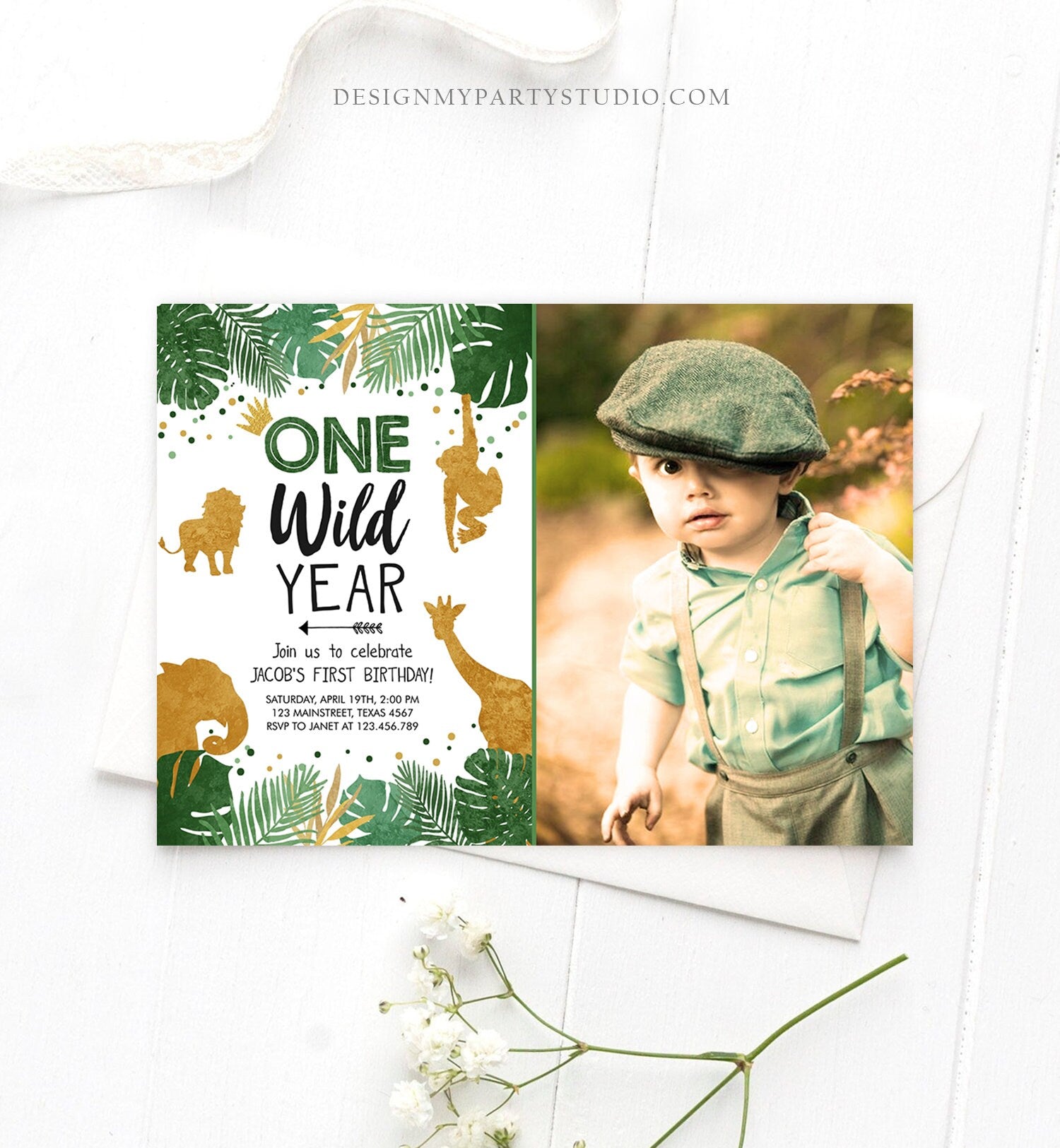 Editable Wild One Birthday Invite Safari Animals Jungle One Wild Year Black Gold First Birthday 1st Digital Download Template Printable 0016