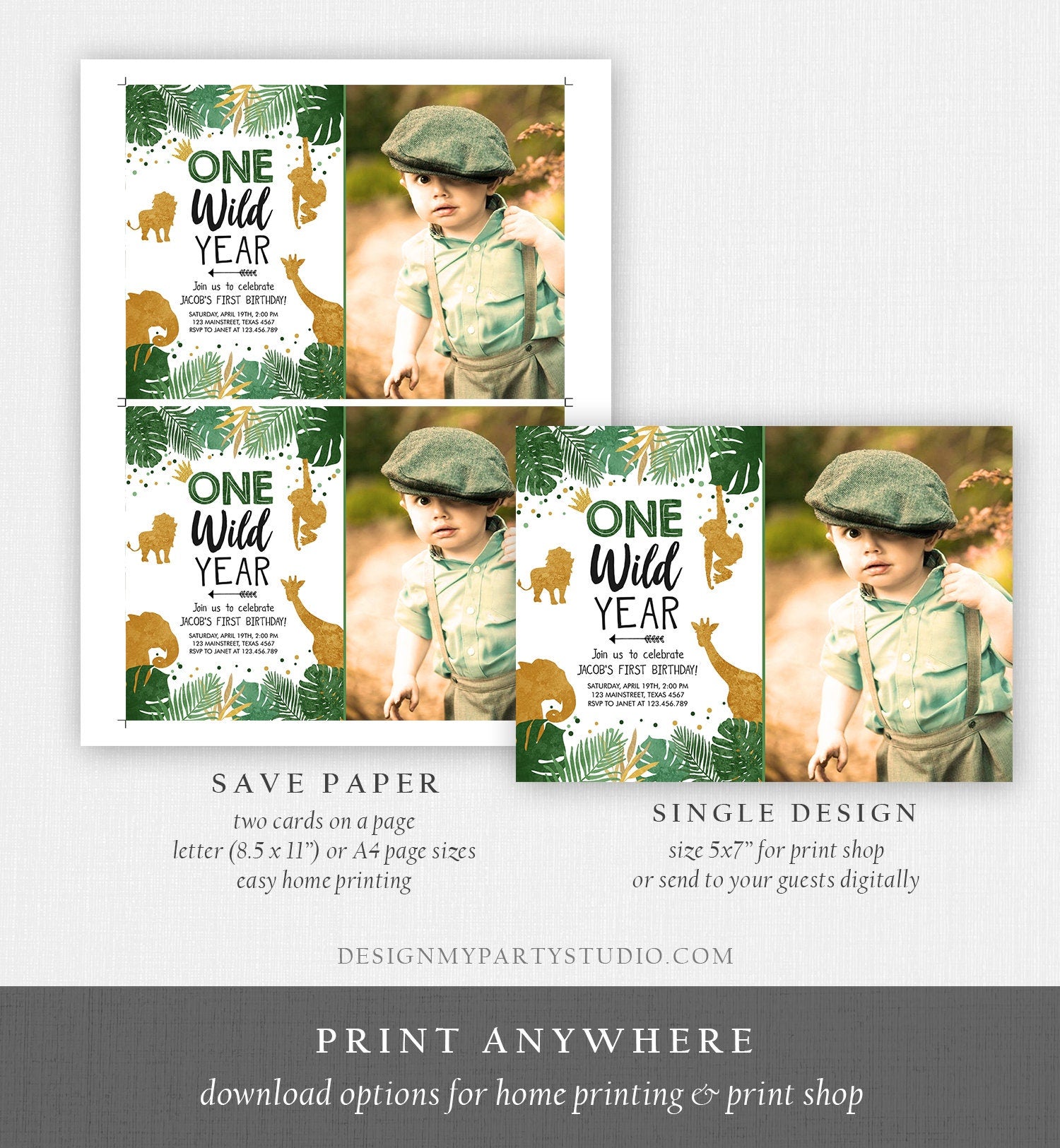 Editable Wild One Birthday Invite Safari Animals Jungle One Wild Year Black Gold First Birthday 1st Digital Download Template Printable 0016