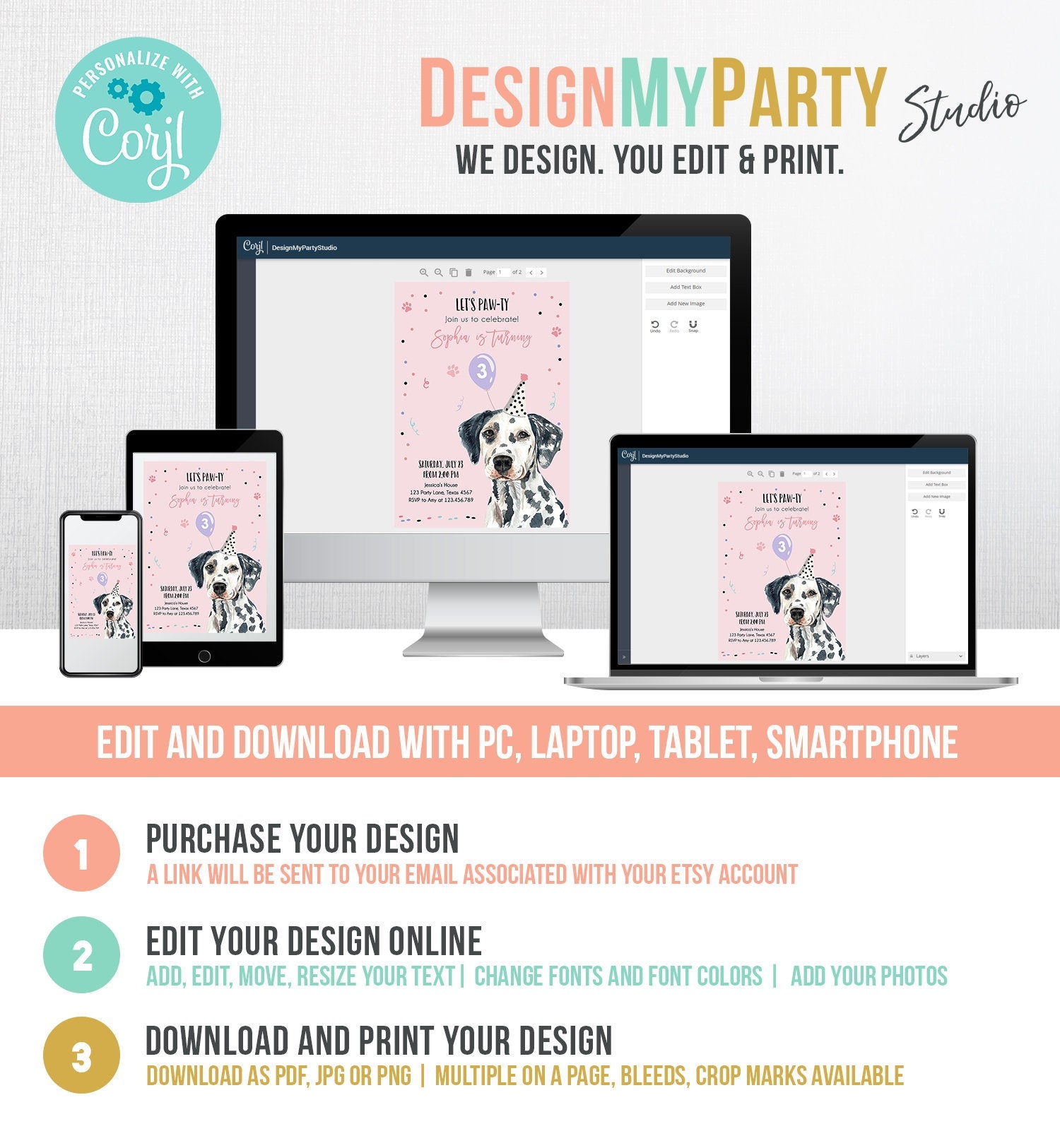 Editable Dog Birthday Party Invitation Dalmatian Birthday Pink Girl Come Sit Stay Party Animal Digital Download Template Printable 0384